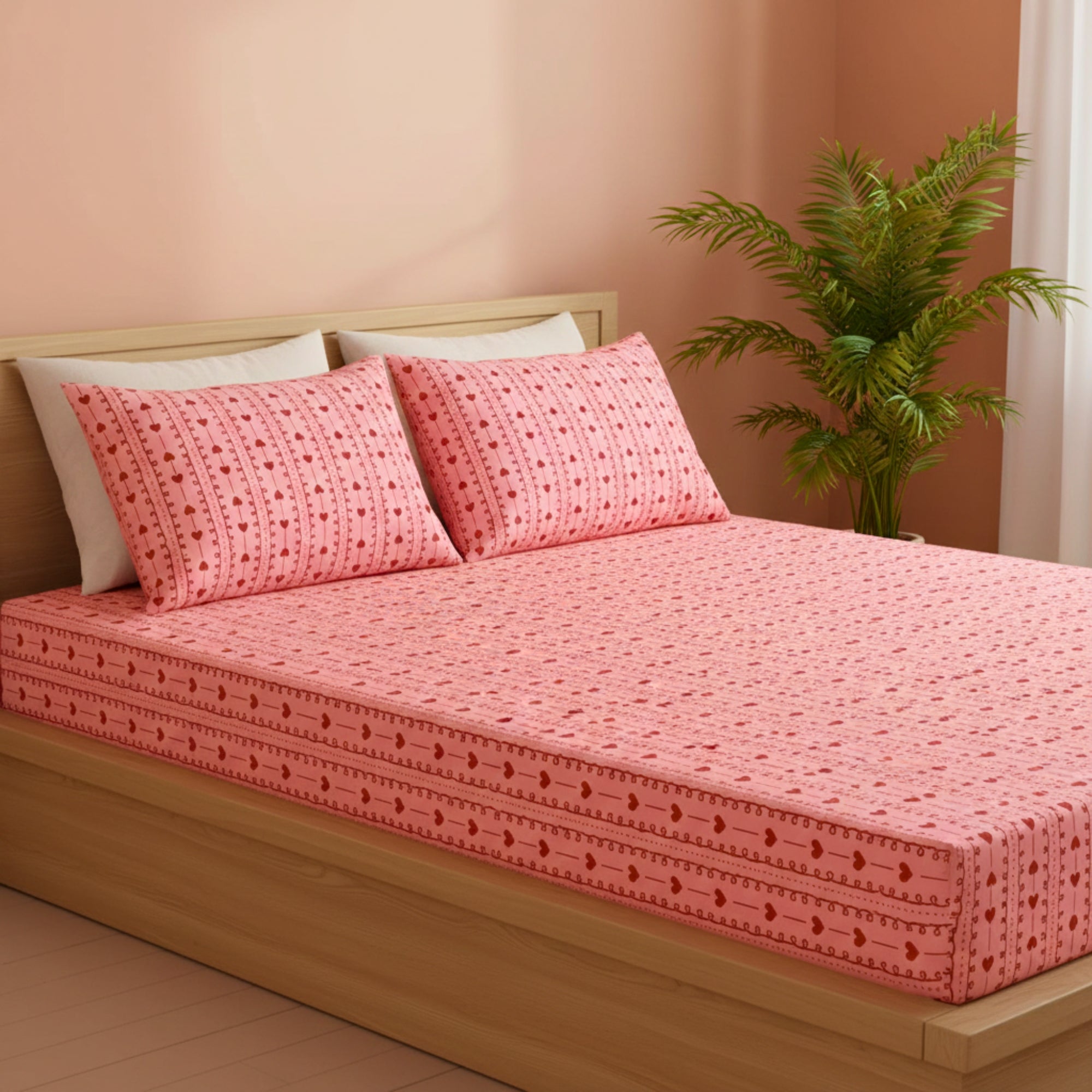 Romantic Red Hearts & Dainty Pink Stripe Pattern – Soft, Breathable Screen Printed Flat Sheet