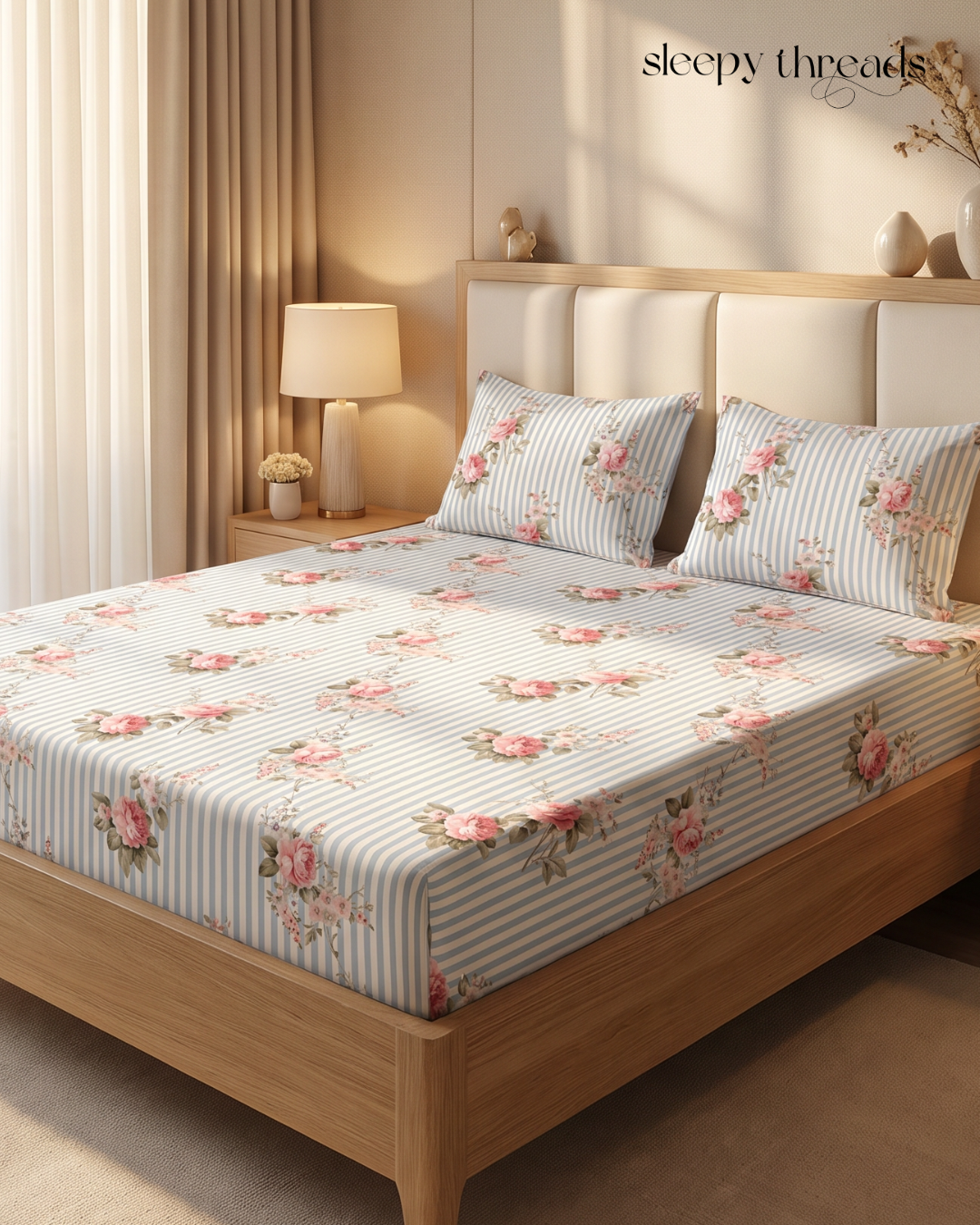 Blue Striped Rose Garden 300 TC Cotton Bedsheet