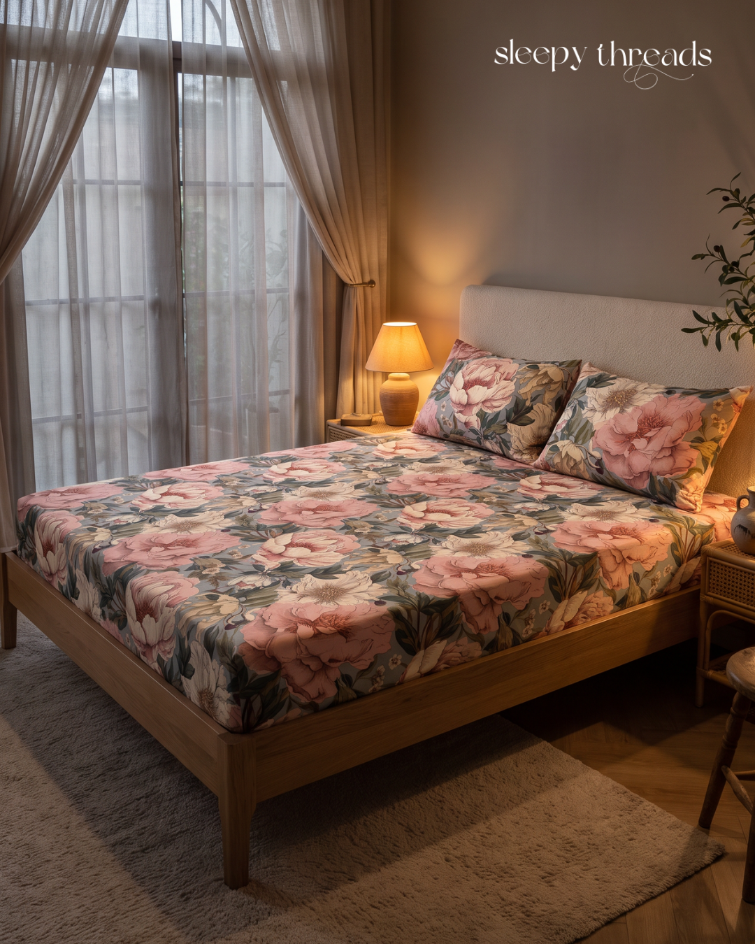 Vintage Blush Peony 300 TC Cotton Bedsheet