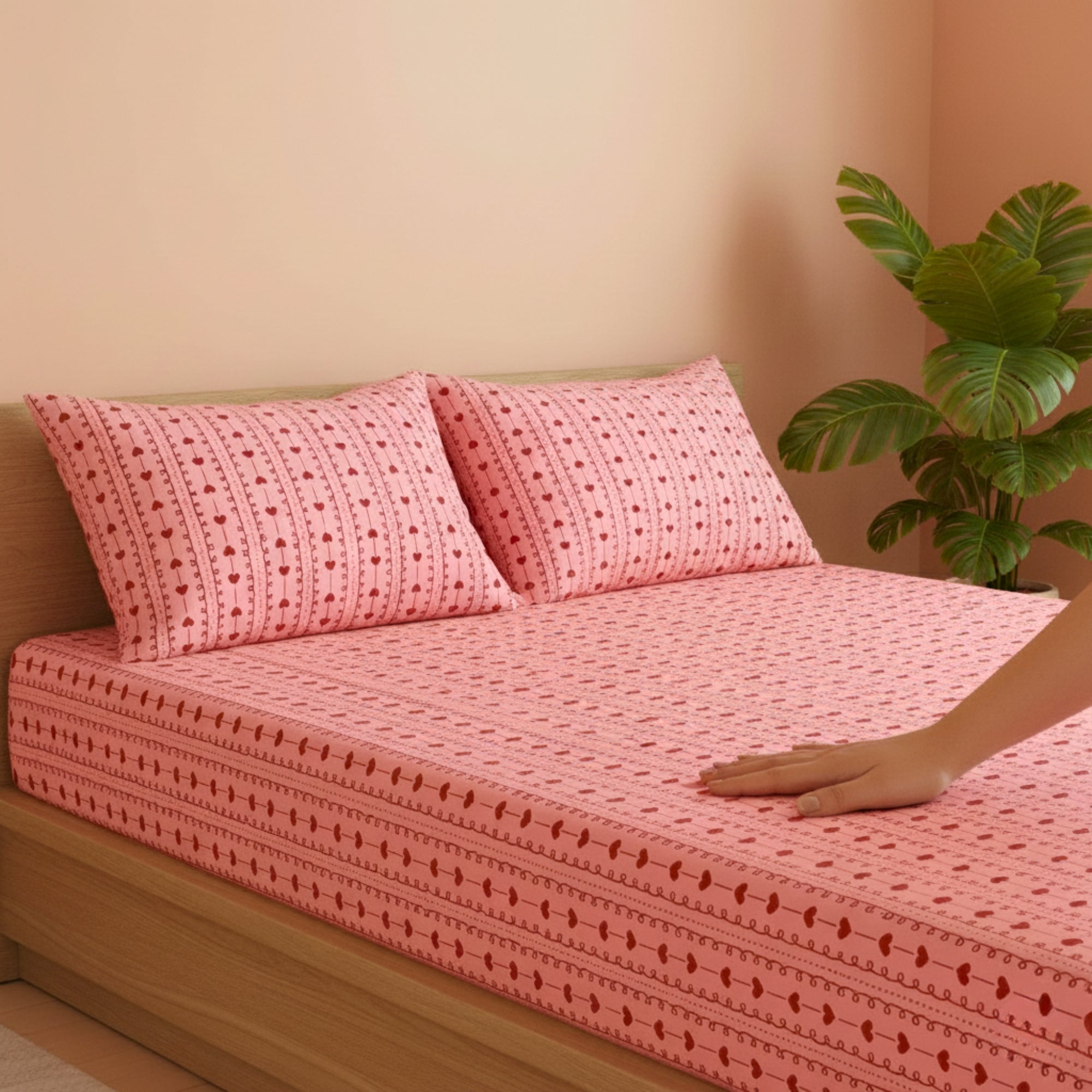Romantic Red Hearts & Dainty Pink Stripe Pattern – Soft, Breathable Screen Printed Flat Sheet