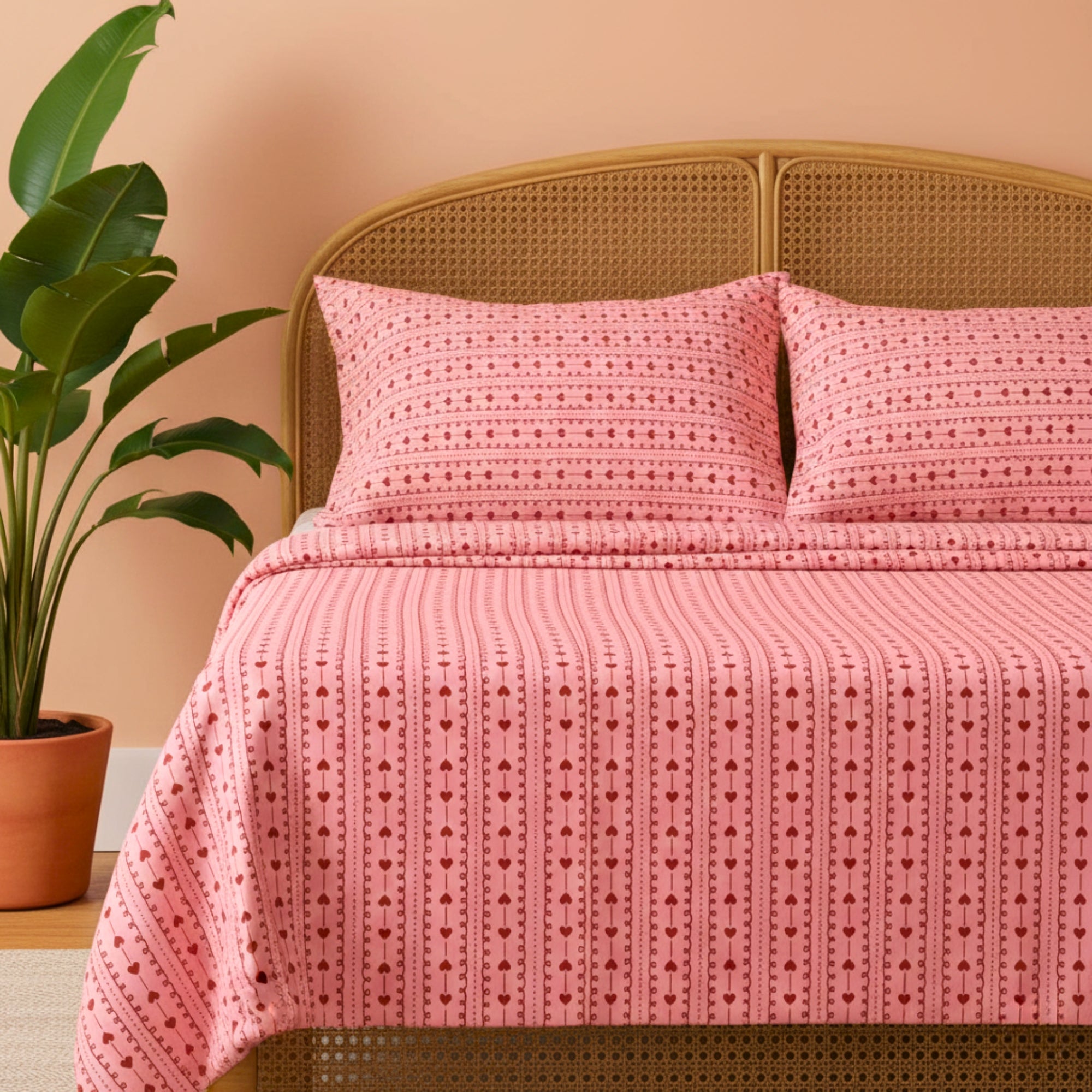 Romantic Red Hearts & Dainty Pink Stripe Pattern – Soft, Breathable Screen Printed Flat Sheet