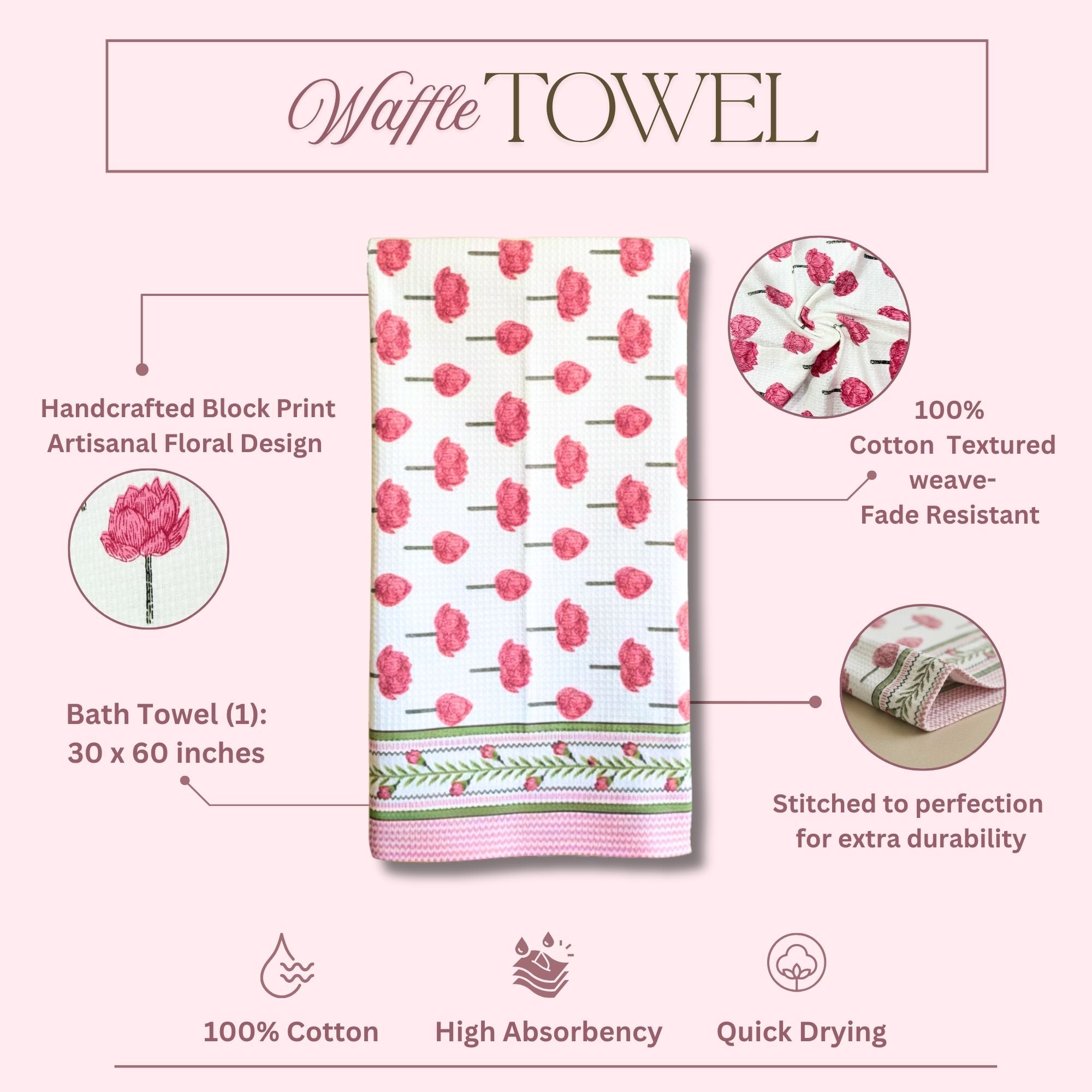 Waffle Weave Towel Set | Screen Print Red Floral Bud Motif | Super Absorbent Bath Towel 2 Hand Towels
