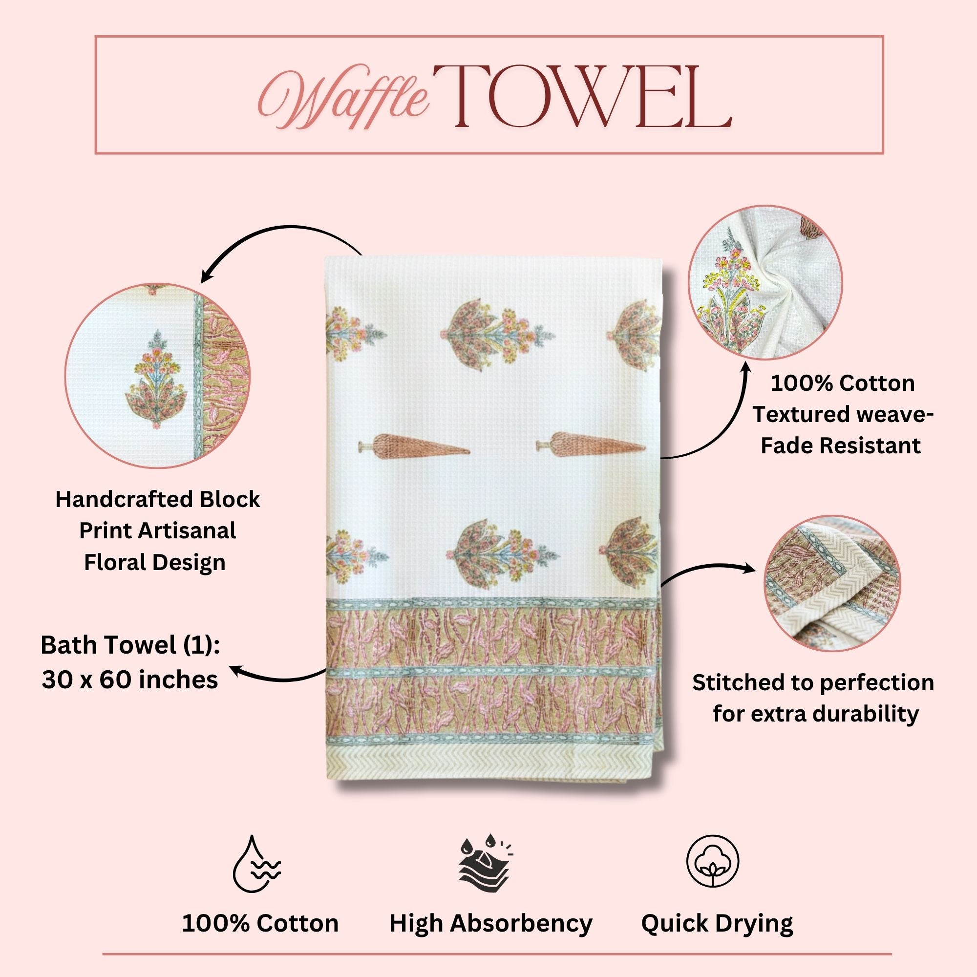 Waffle Weave Cotton Bath Towel, Hand Block Printed Floral Design Inches, White