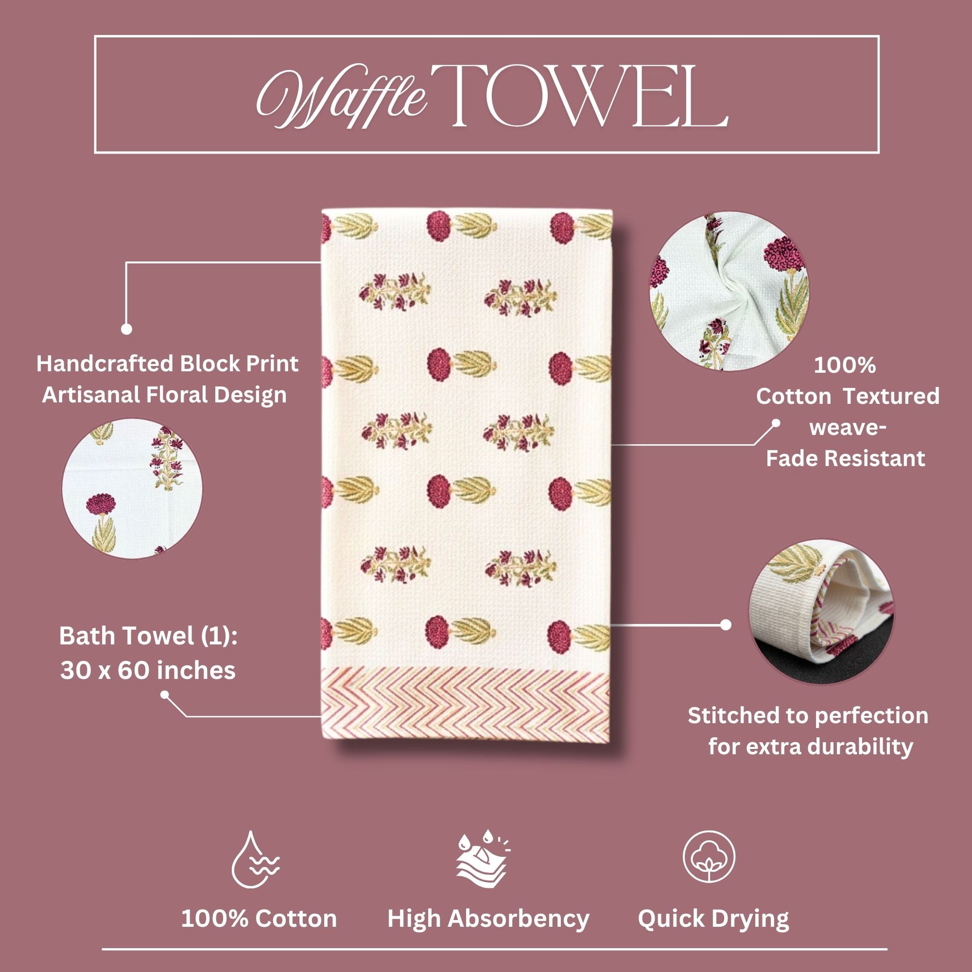 Waffle Weave Cotton Bath Towel | Hand Block Printed Pink & Gold Chevron Motif | Super Absorbent, Soft & Quick Dry Towel