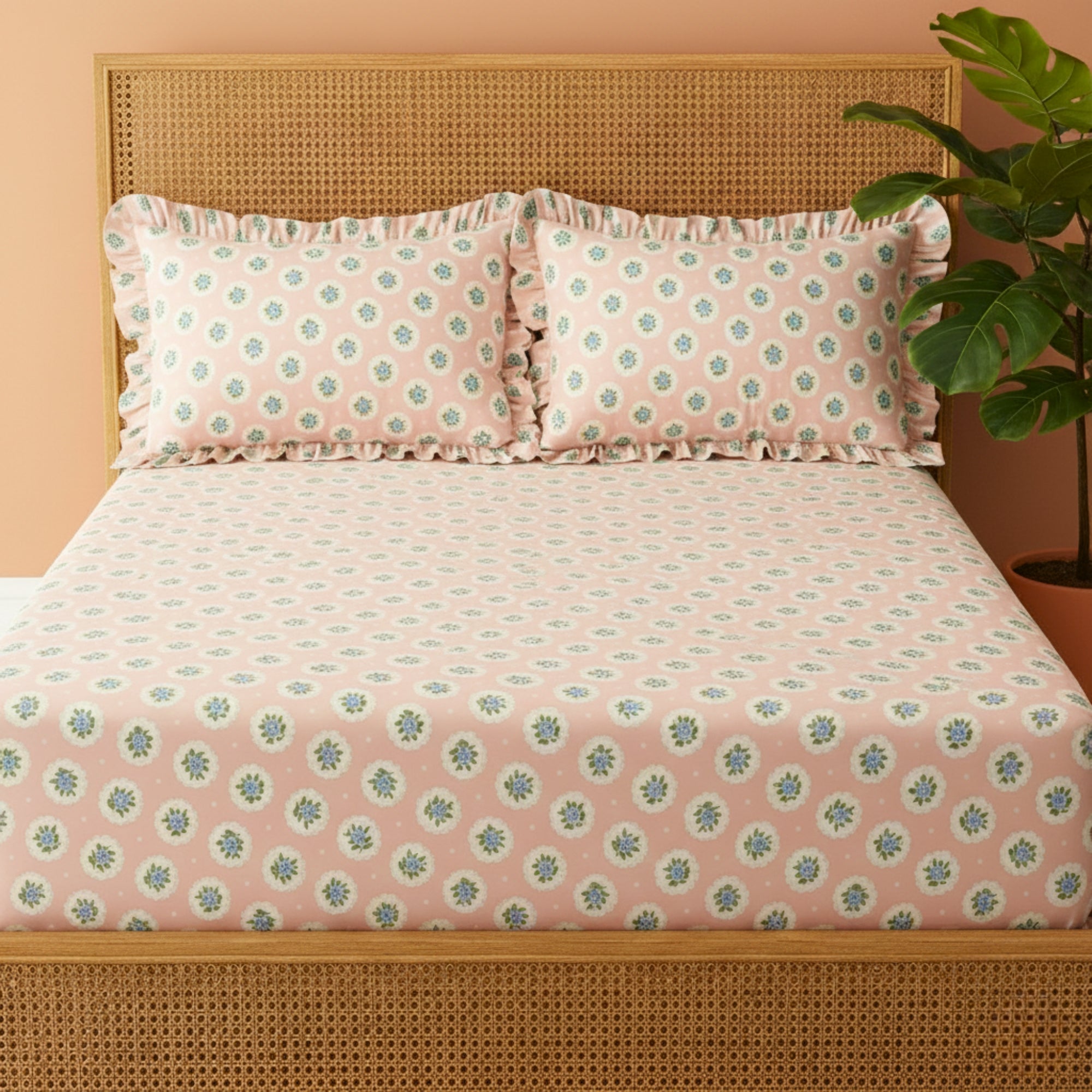 Blush Pink & White Floral Medallion Pattern – Soft, Breathable Screen Printed Flat Sheet.