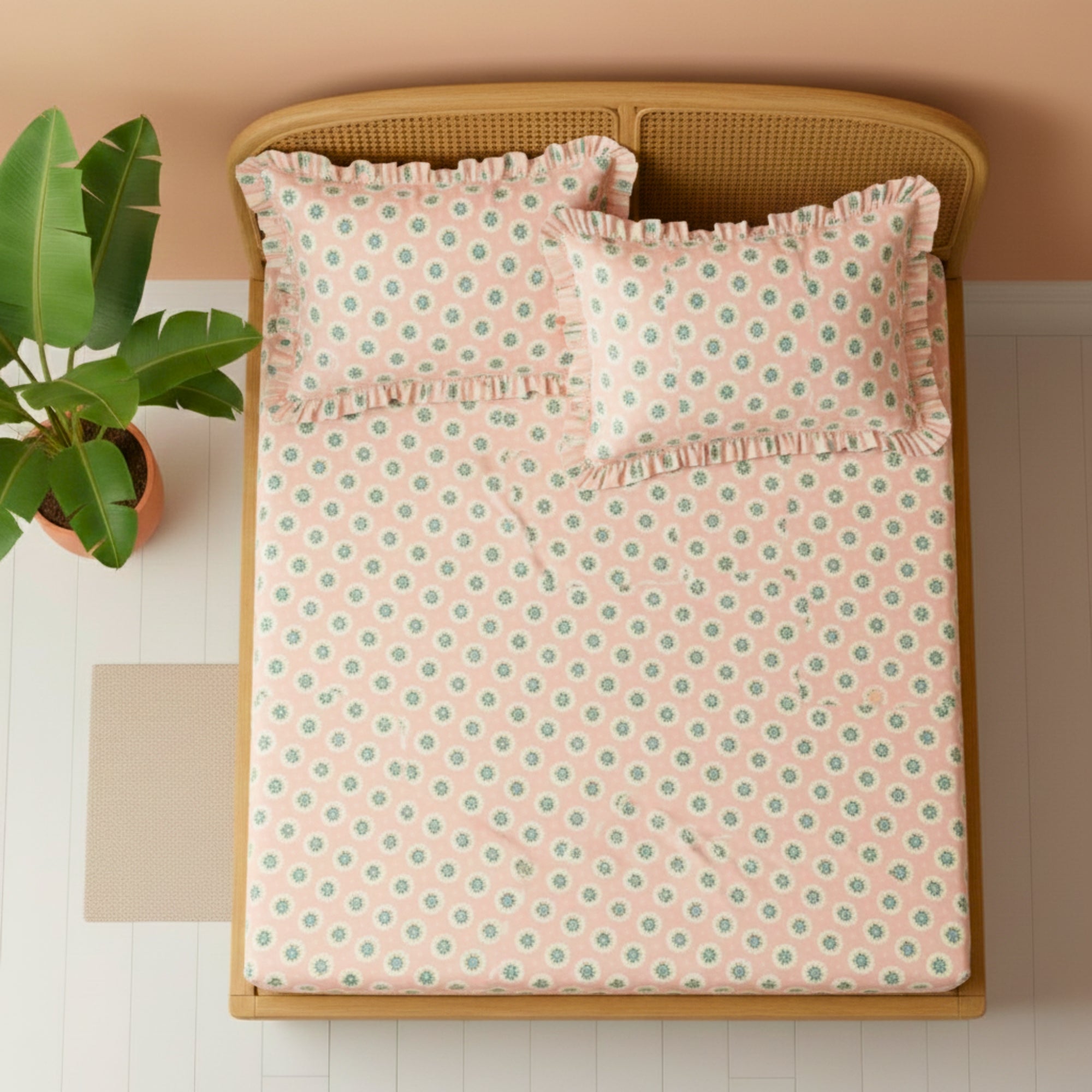 Blush Pink & White Floral Medallion Pattern – Soft, Breathable Screen Printed Flat Sheet.