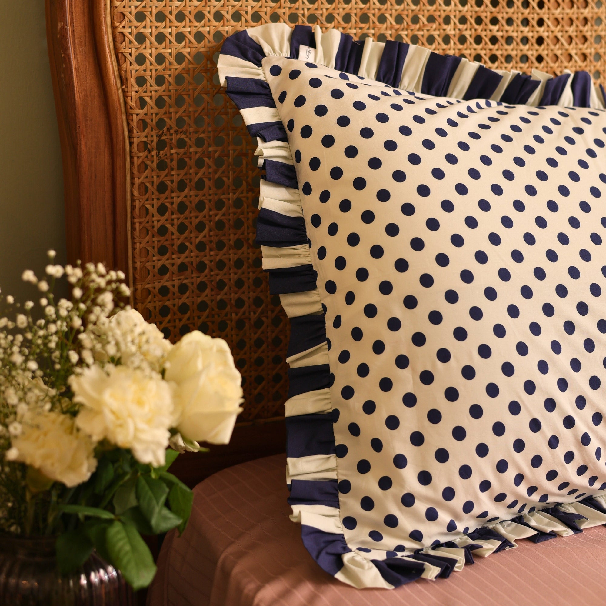 Navy Retro Polka Dot Ruffled Pillow Covers