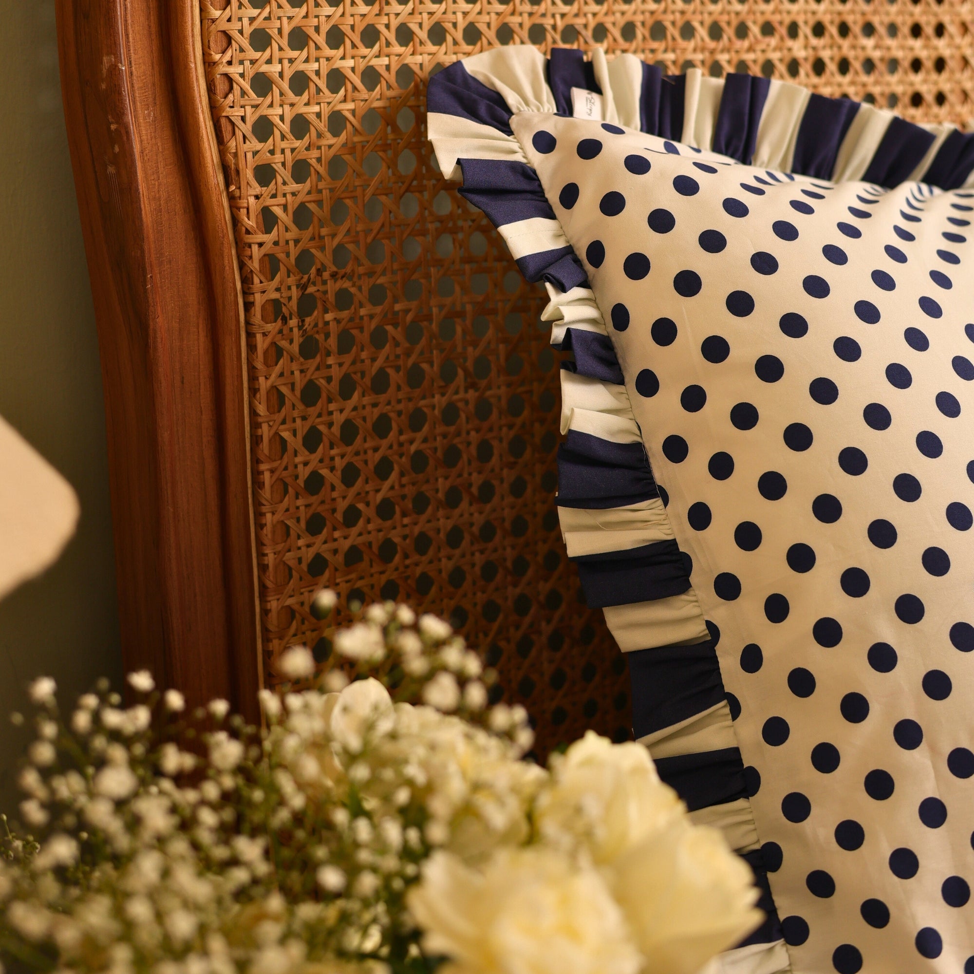 Navy Retro Polka Dot Ruffled Pillow Covers