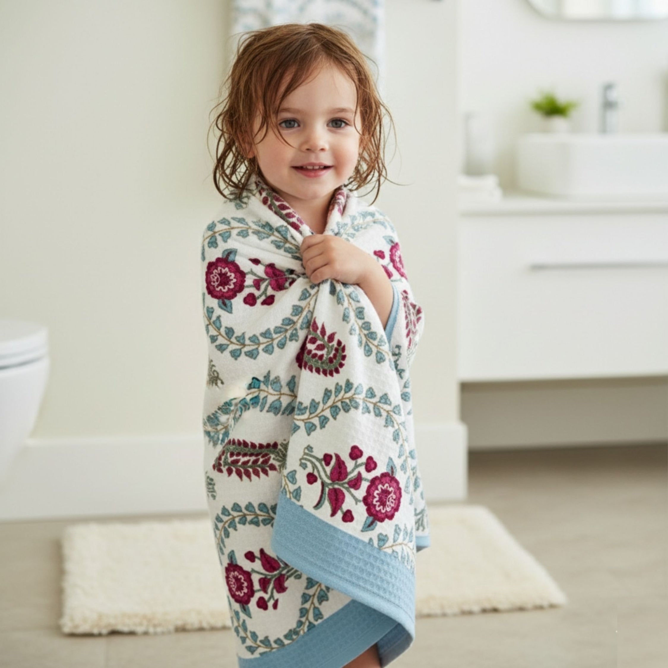 Waffle Weave Towel Set | Screen Print Hot Pink & Sky Blue Floral | Super Absorbent Bath Towel 2 Hand Towels