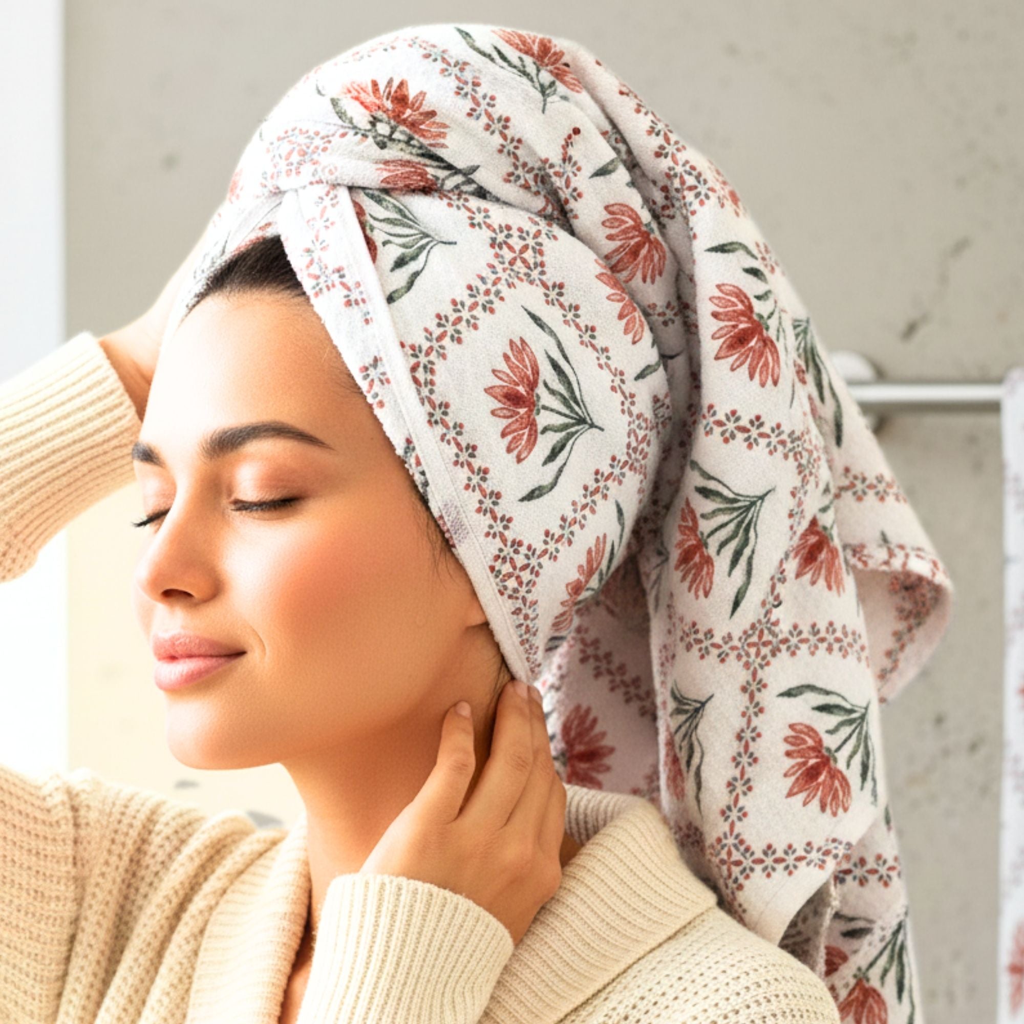 Waffle Weave Towel Set | Screen Print Red Floral Diamond Geometric | Super Absorbent Bath Towel 2 Hand Towels