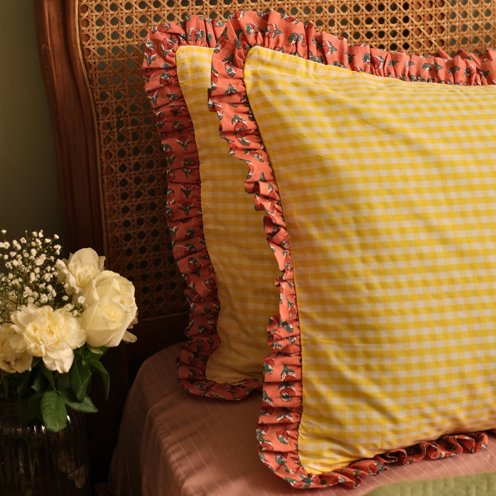 Yellow Checkered Block Print Pillow Cover with Ruffles