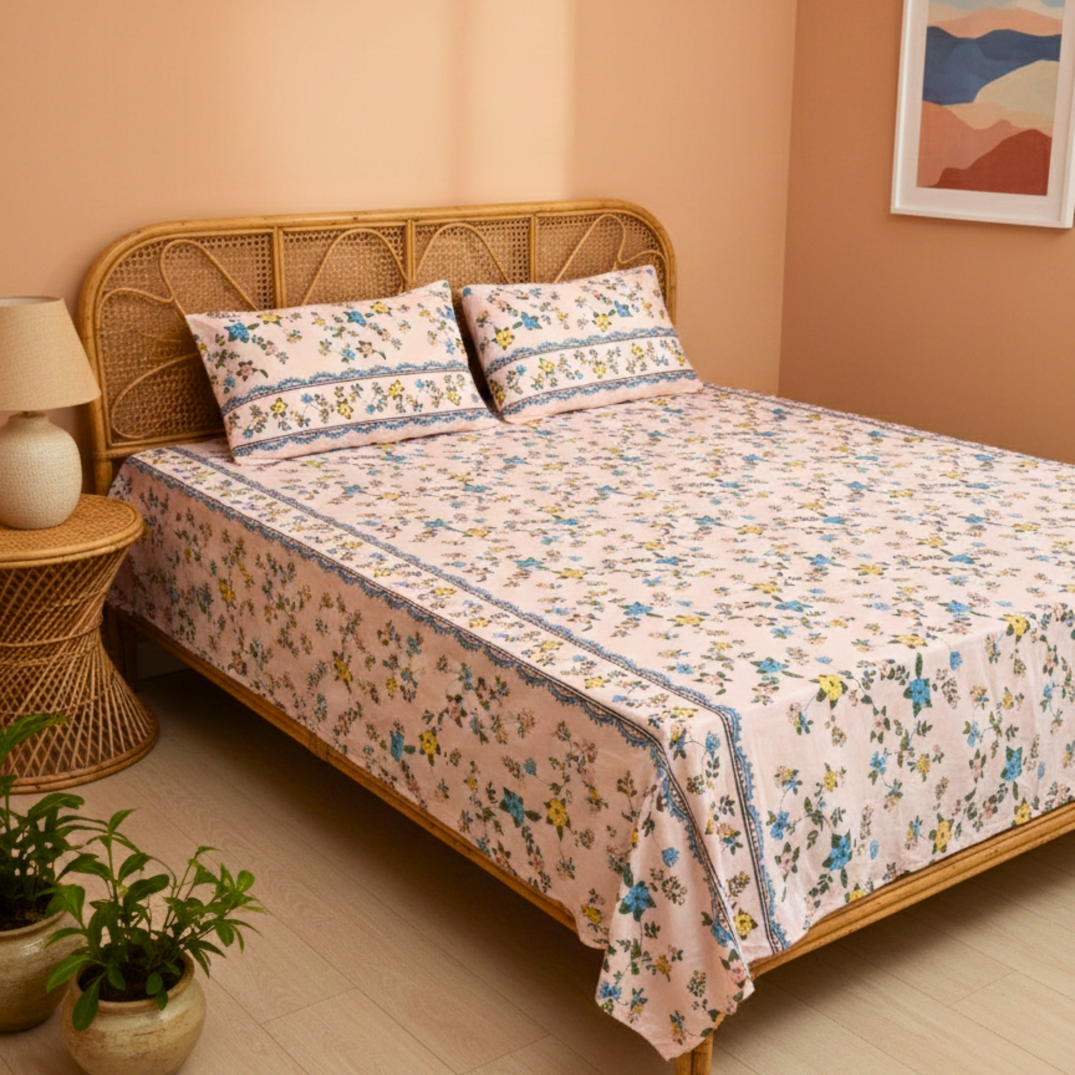 Blended poly Double Bedsheet Peach Bedsheet with Yellow & Blue Floral Print – Soft & Breathable Queen Size Yellow & Blue Floral Queen Size)