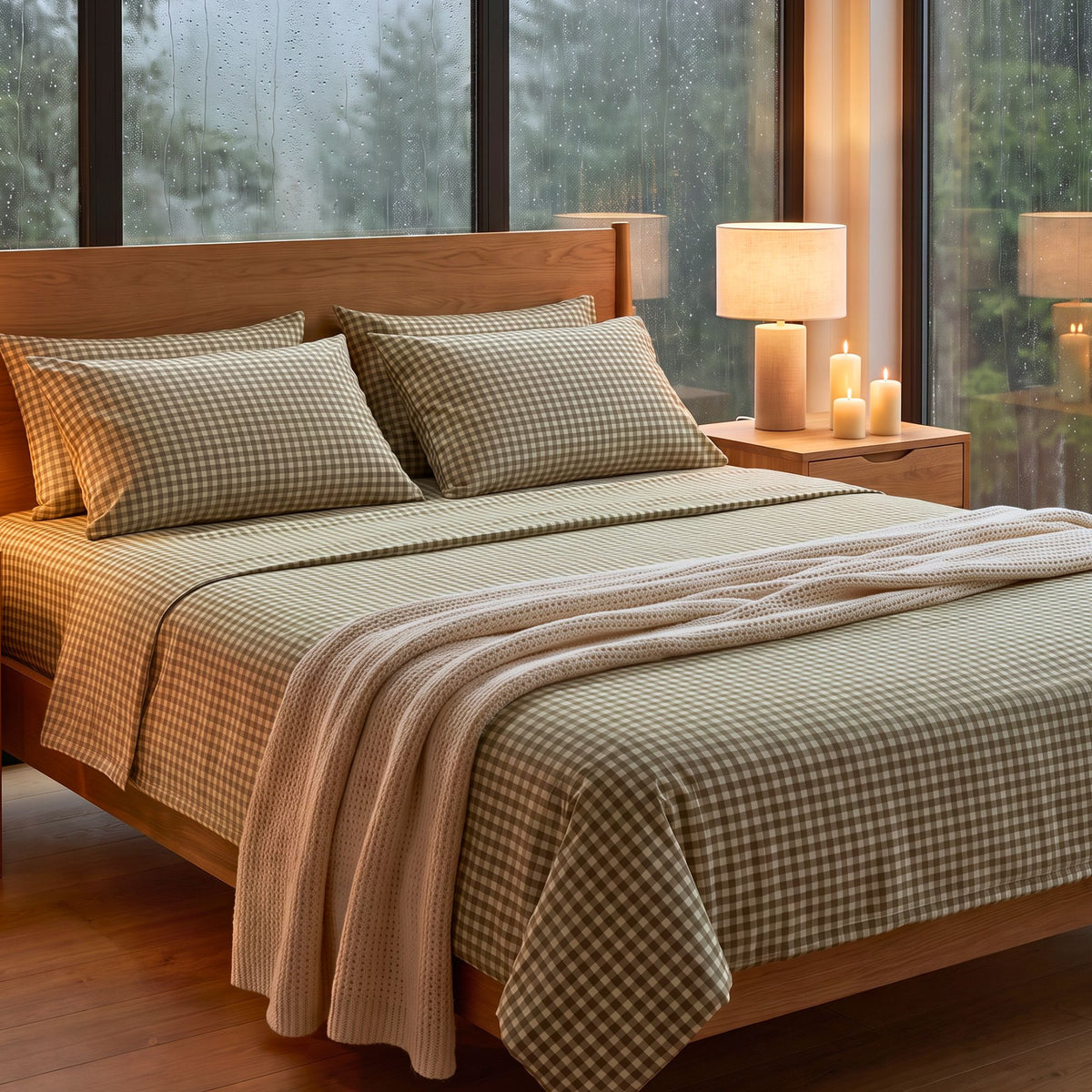 Olive Gingham Bloom 280 TC 100% Cotton Bedsheet With Duvet and 4 Pillow Covers