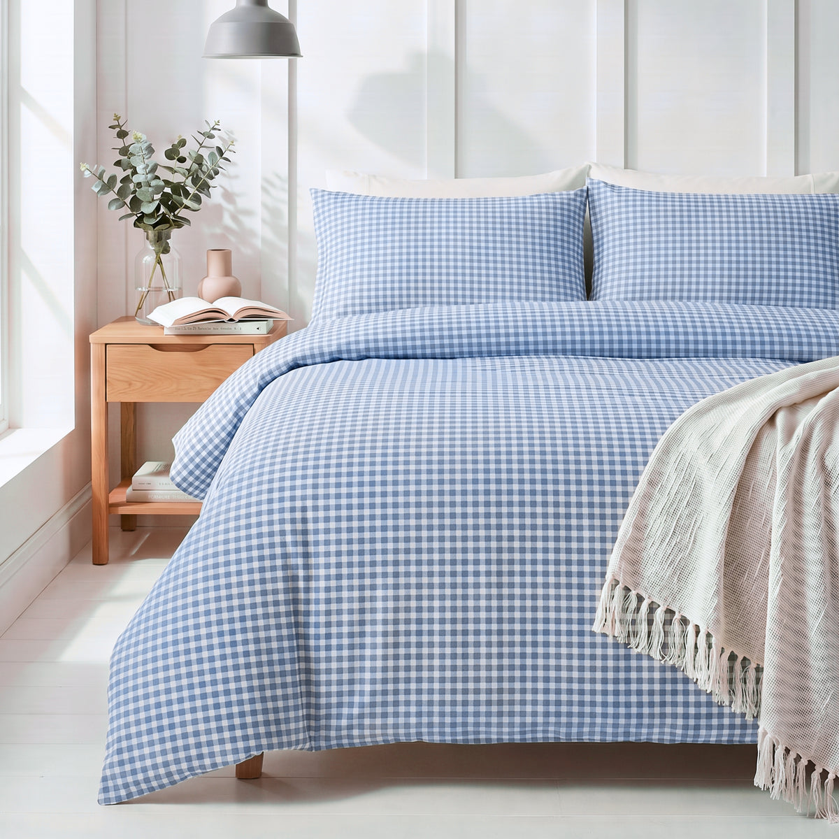 Blue Gingham Bloom 280 TC 100% Cotton Bedsheet With Duvet and 4 Pillow Covers