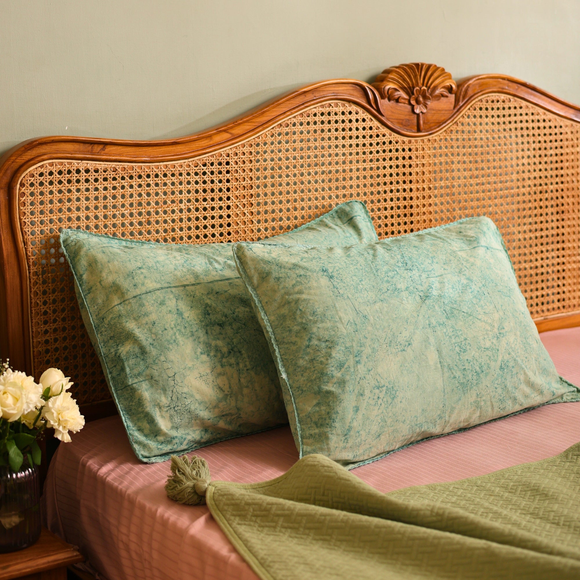 Brook Green Batik Pillow Covers with Lace insert