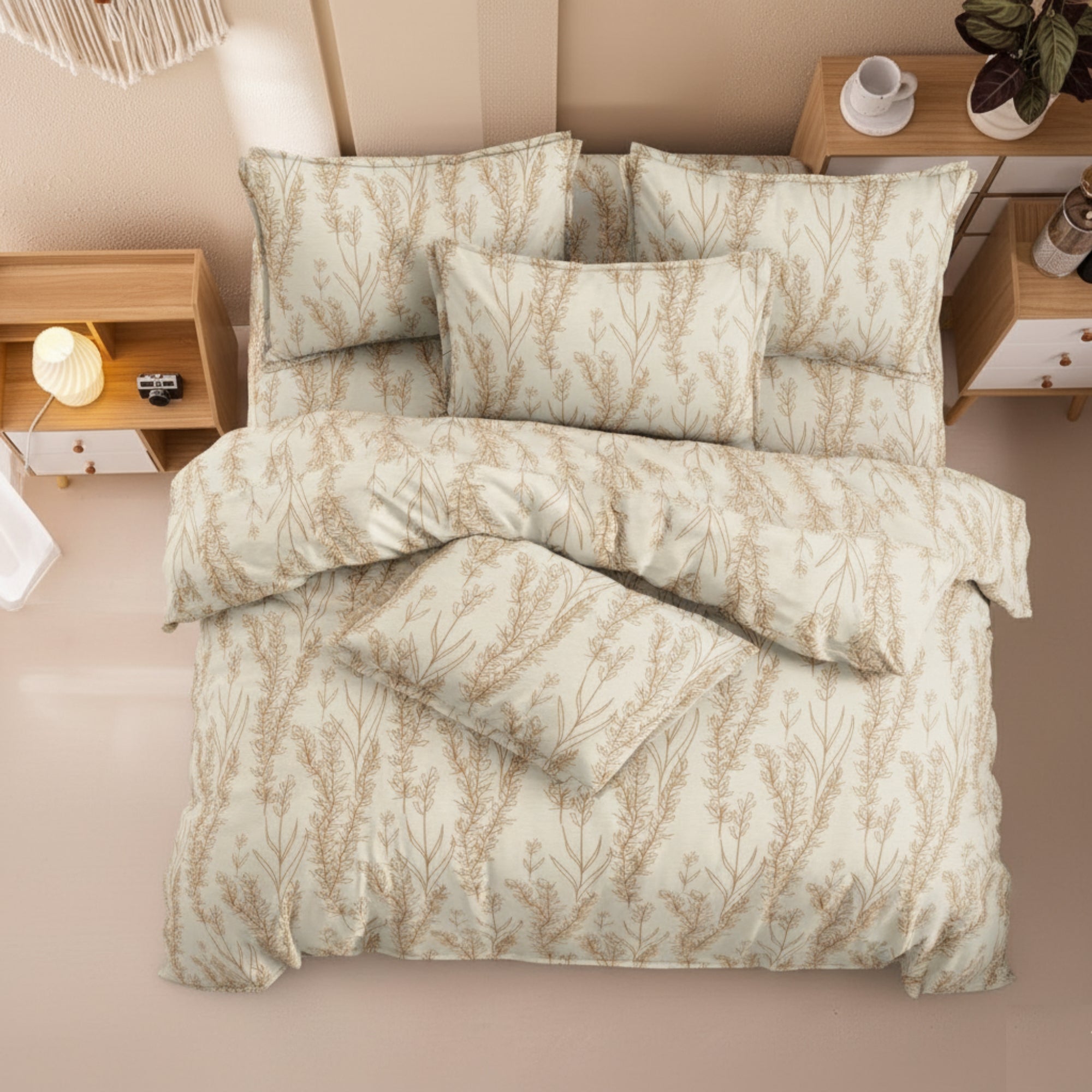 Cotton King Size Bedsheet Light Beige Bedsheet with Golden Brown Leaf Print – Soft & Breathable Double BedSheet