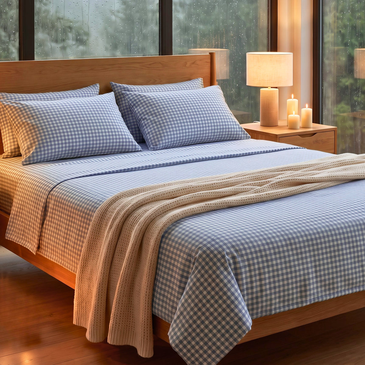 Blue Gingham Bloom 280 TC 100% Cotton Bedsheet With Duvet and 4 Pillow Covers