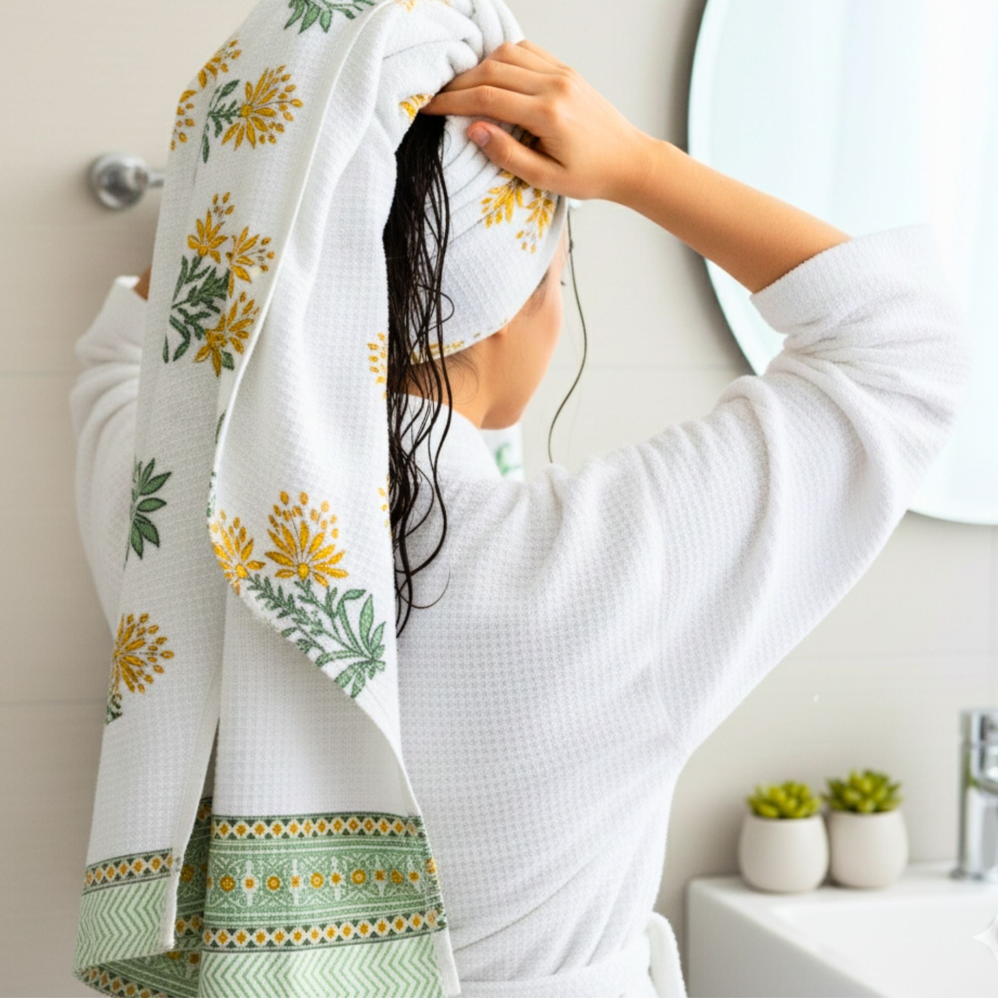 Waffle Weave Cotton Bath Towel Hand Block Printed Yellow Marigold & Green Floral | Super Absorbent, Soft & Quick Dry Bath
