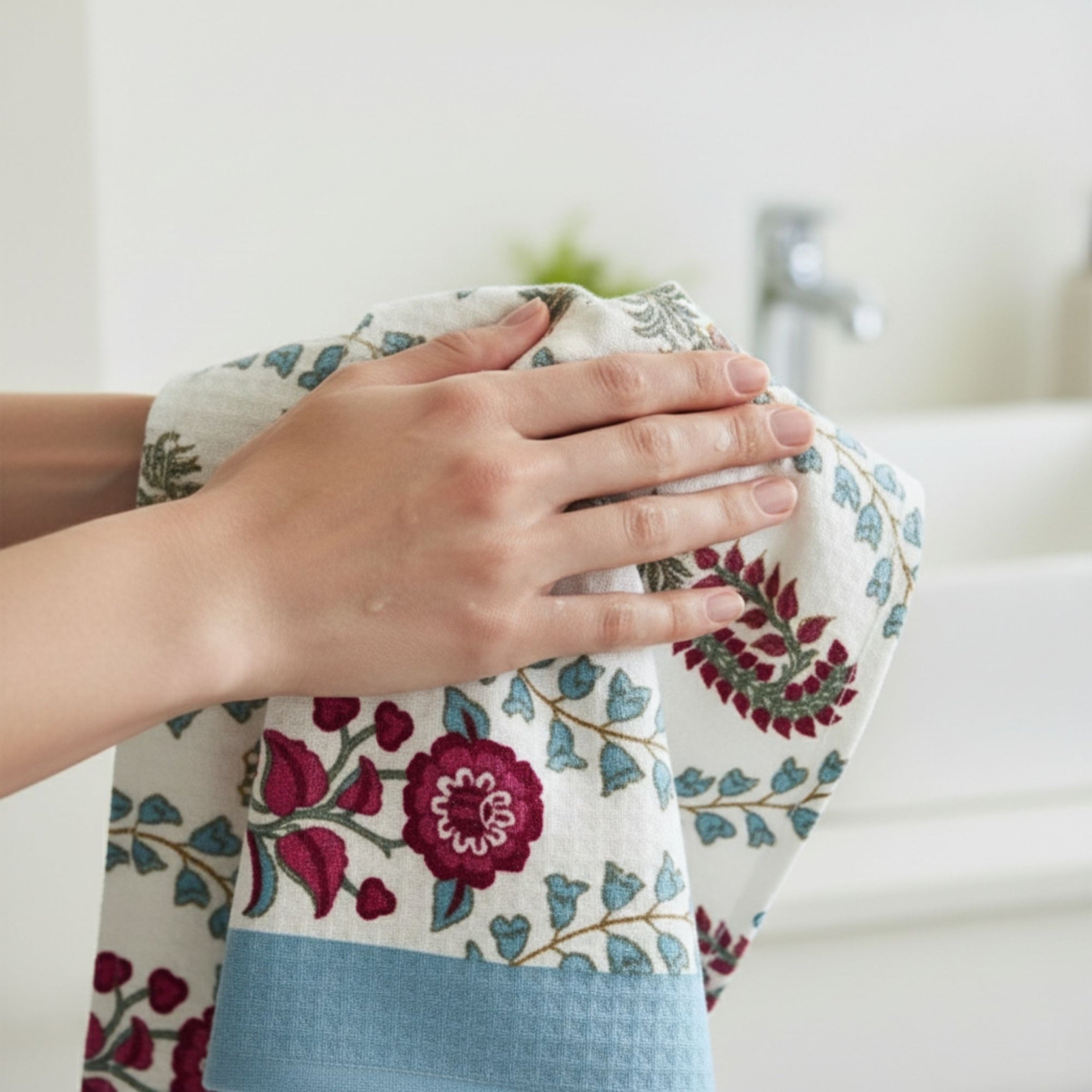 Waffle Weave Towel Set | Screen Print Hot Pink & Sky Blue Floral | Super Absorbent Bath Towel 2 Hand Towels