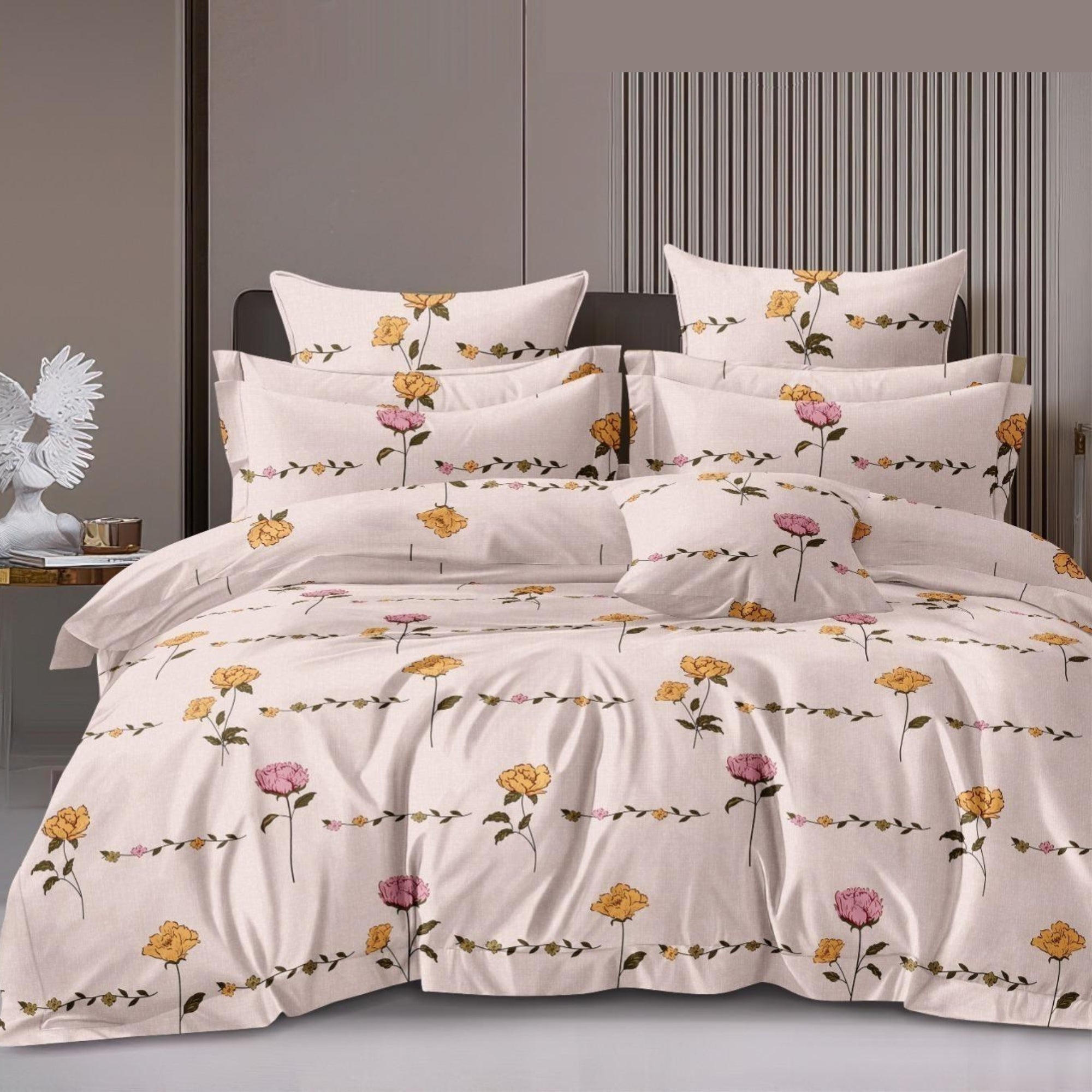 Bedsheet for Double Bed King Size Yellow & Pink Floral Print .