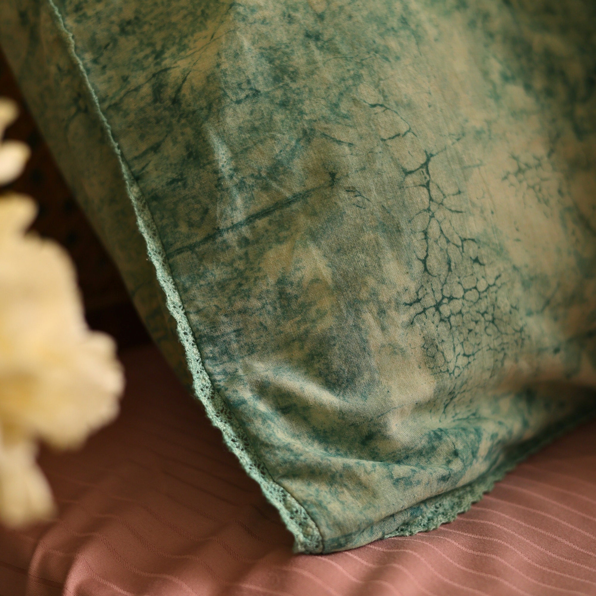 Brook Green Batik Pillow Covers with Lace insert