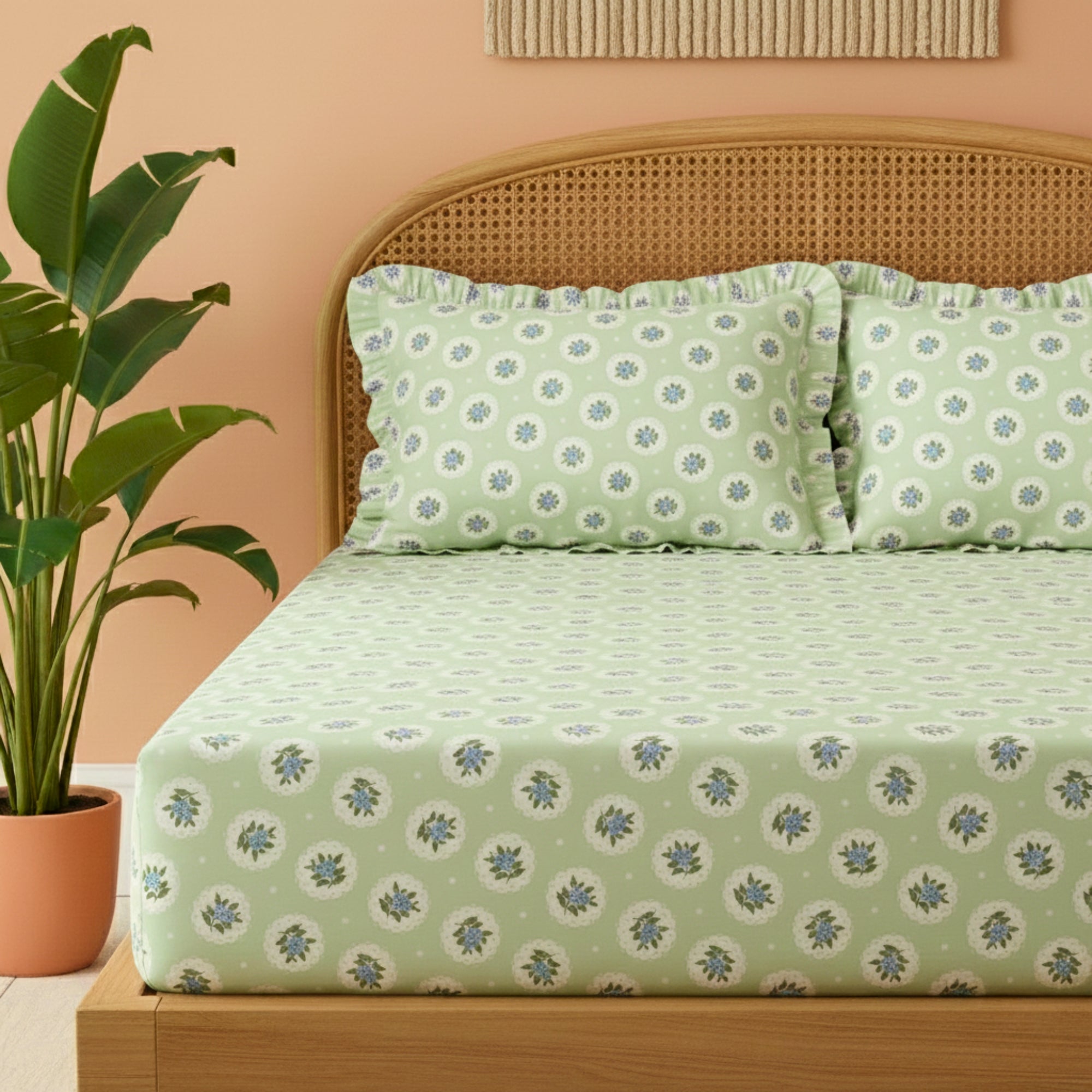 Sage Green & White Floral Pattern with Blue Medallions – Soft, Breathable Screen Printed Flat Sheet