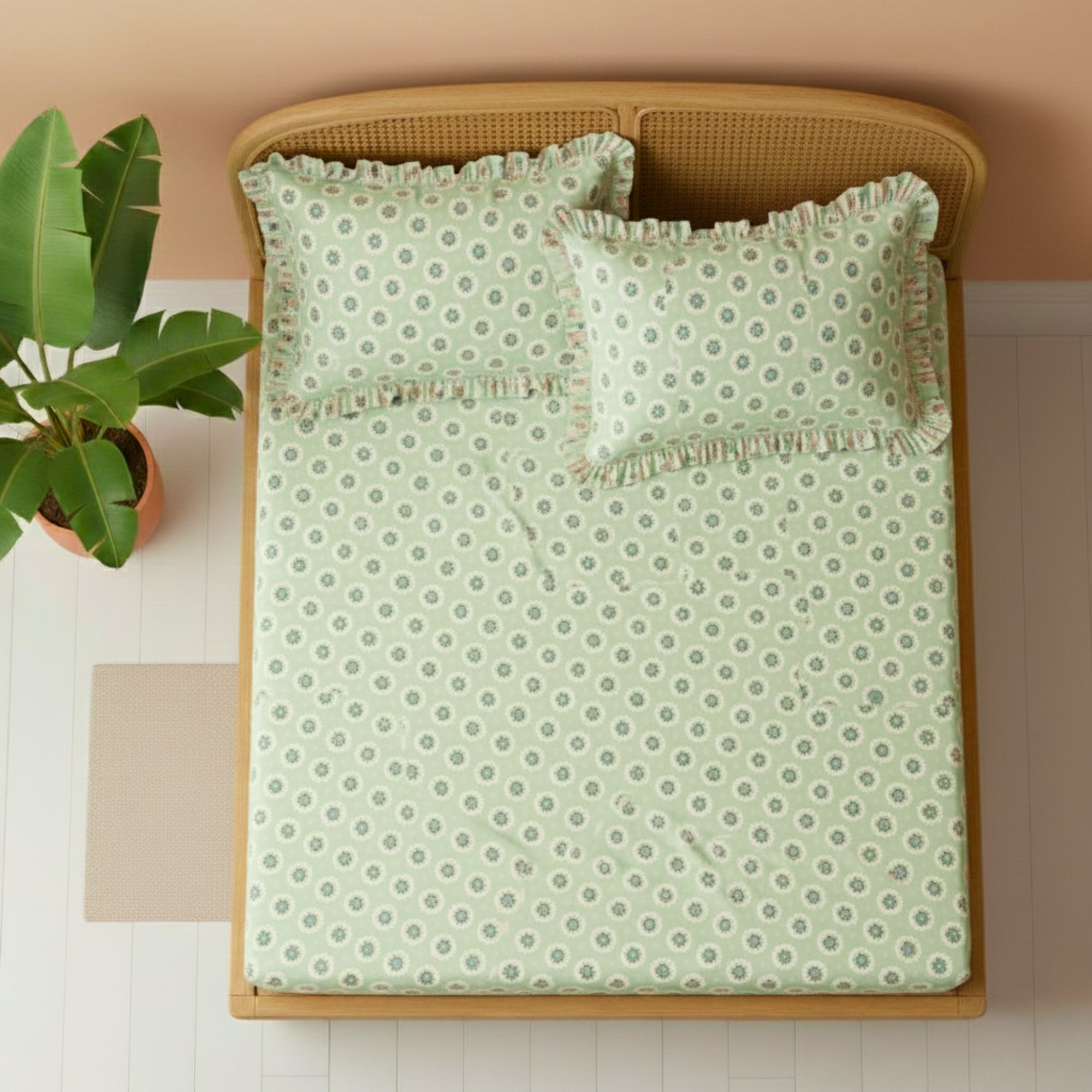 Sage Green & White Floral Pattern with Blue Medallions – Soft, Breathable Screen Printed Flat Sheet