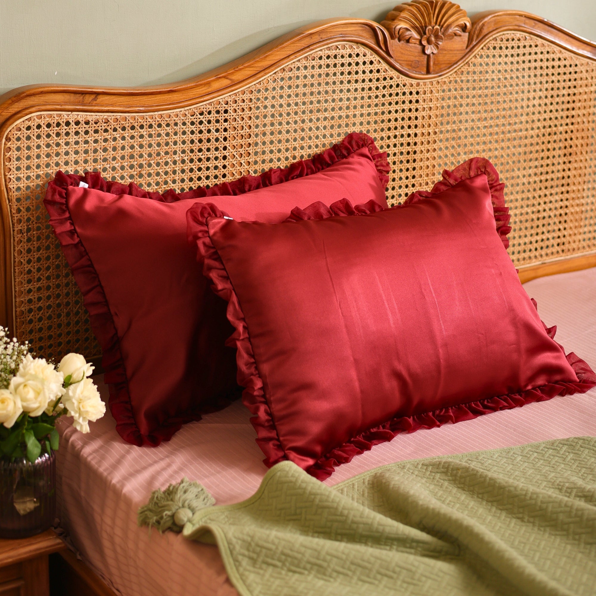 Elegant Maroon Satin Pillow Covers with Ruffled Edges