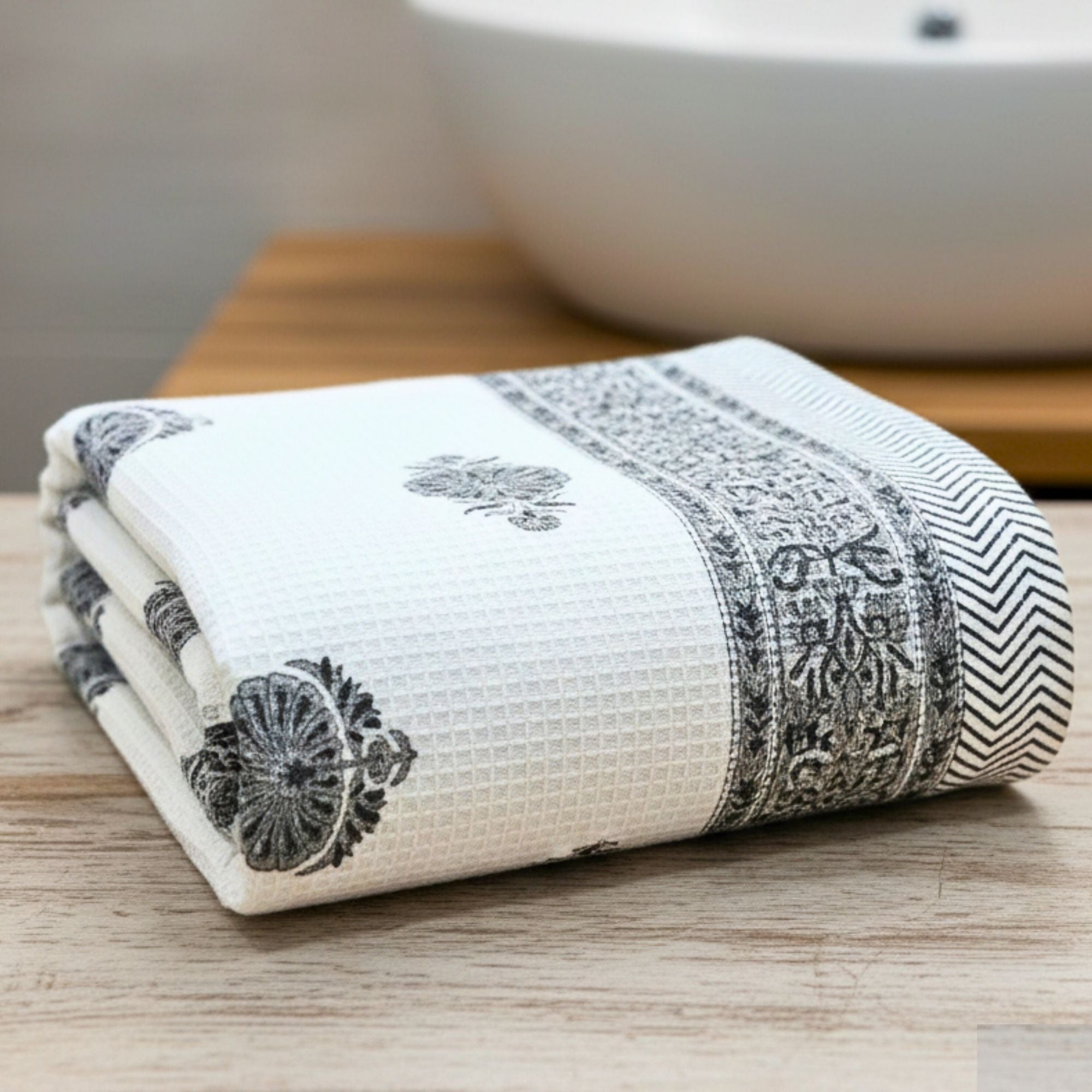 Waffle Weave Cotton Bath Towel | Hand Block Printed Indigo Blue Floral Motif | Super Absorbent, Soft & Quick Dry Bath