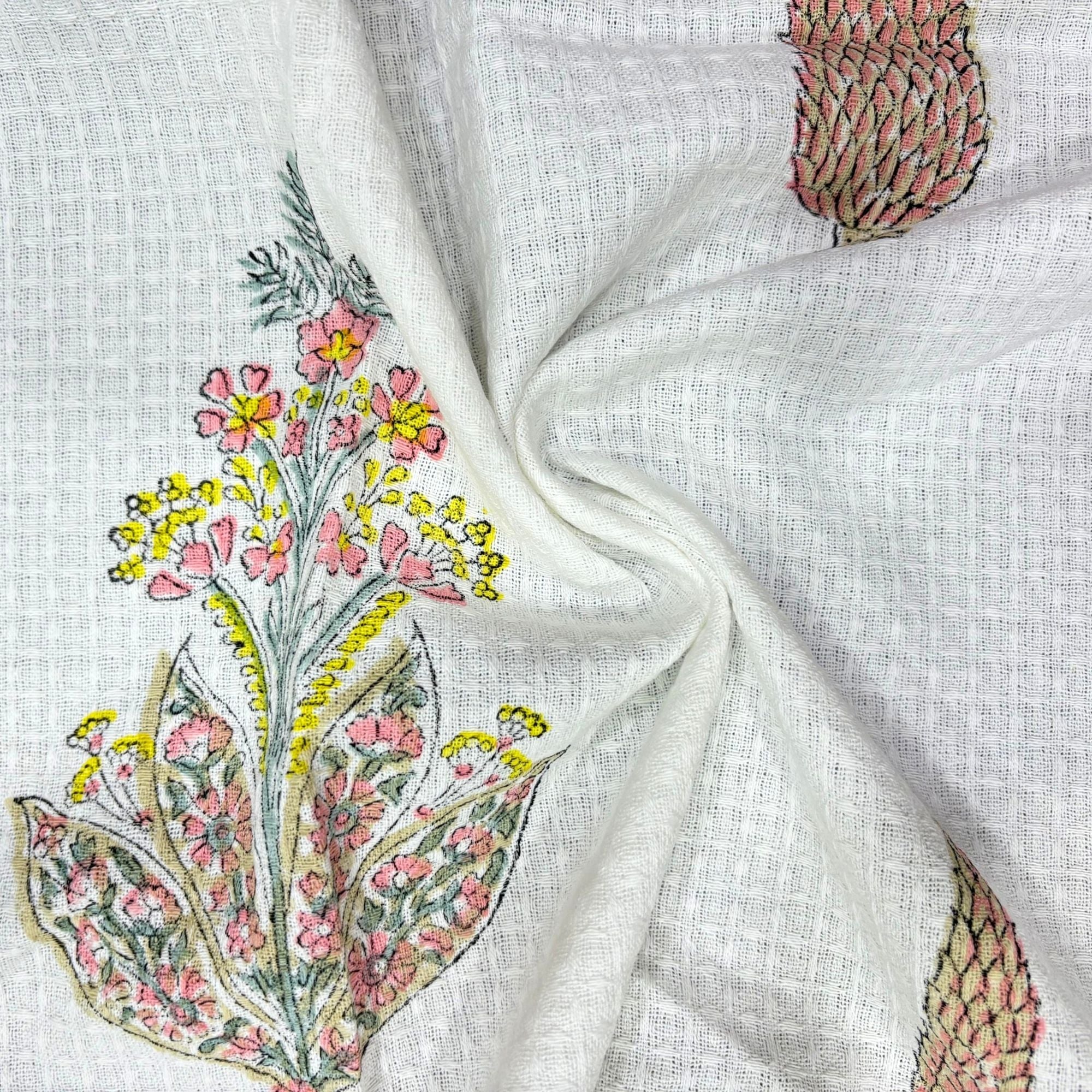 Waffle Weave Cotton Bath Towel, Hand Block Printed Floral Design Inches, White