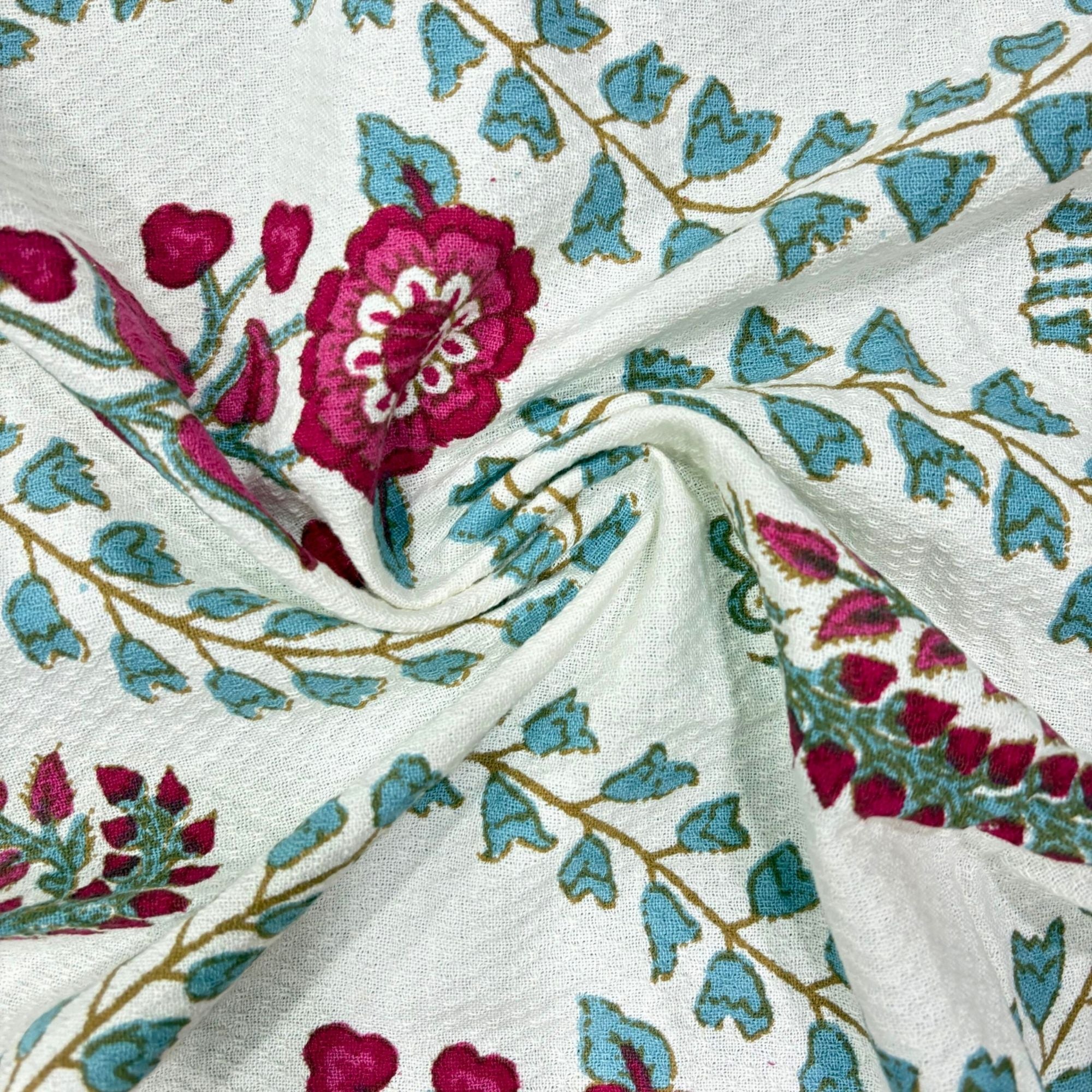 Waffle Weave Towel Set | Screen Print Hot Pink & Sky Blue Floral | Super Absorbent Bath Towel 2 Hand Towels