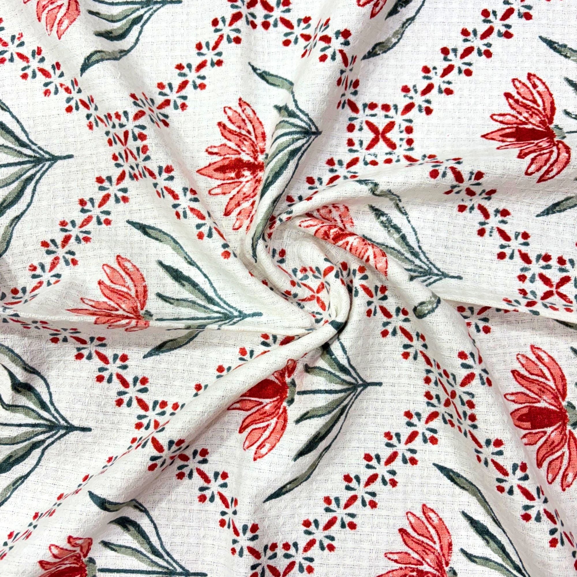 Waffle Weave Towel Set | Screen Print Red Floral Diamond Geometric | Super Absorbent Bath Towel 2 Hand Towels