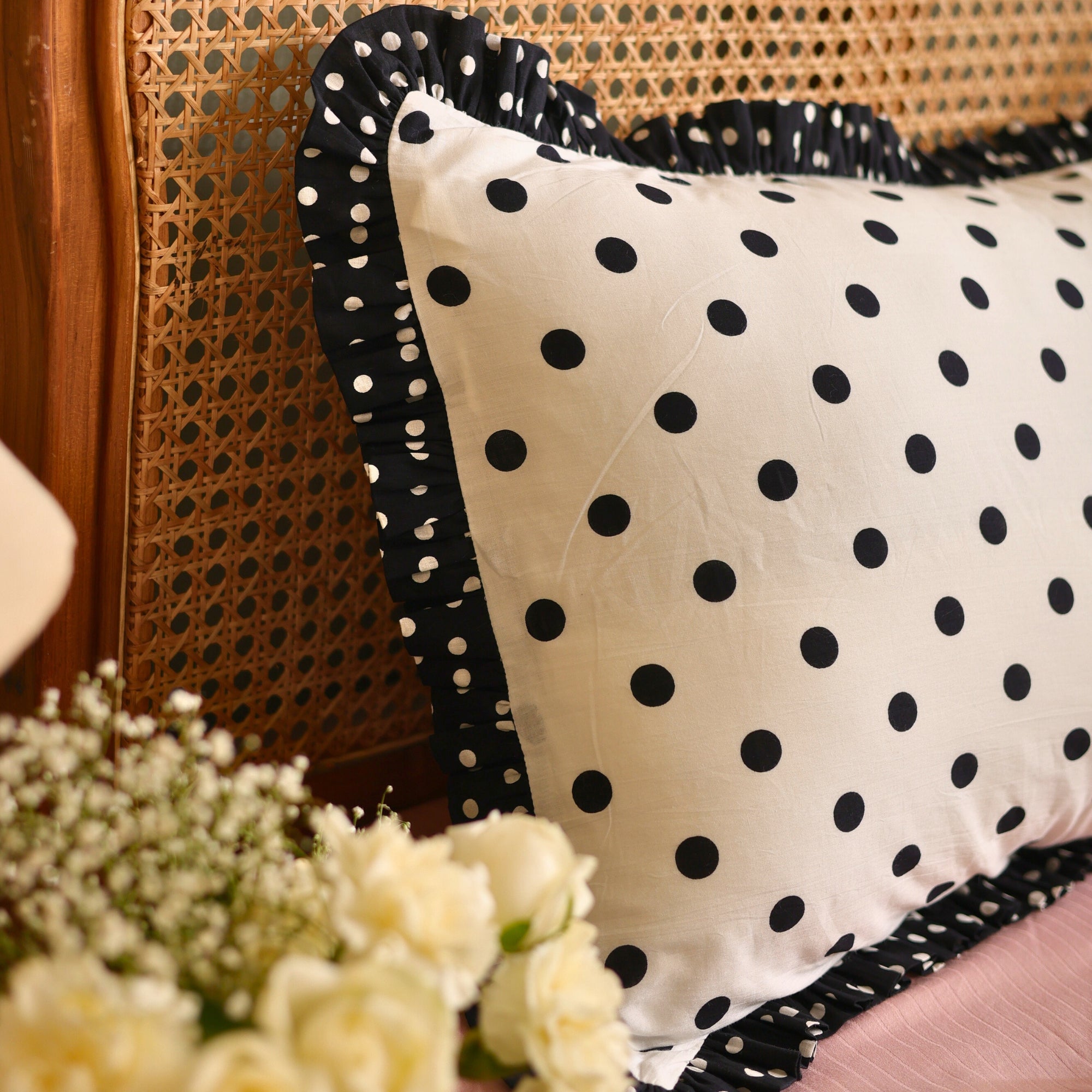 Black Retro Polka Dot Ruffled Pillow Covers