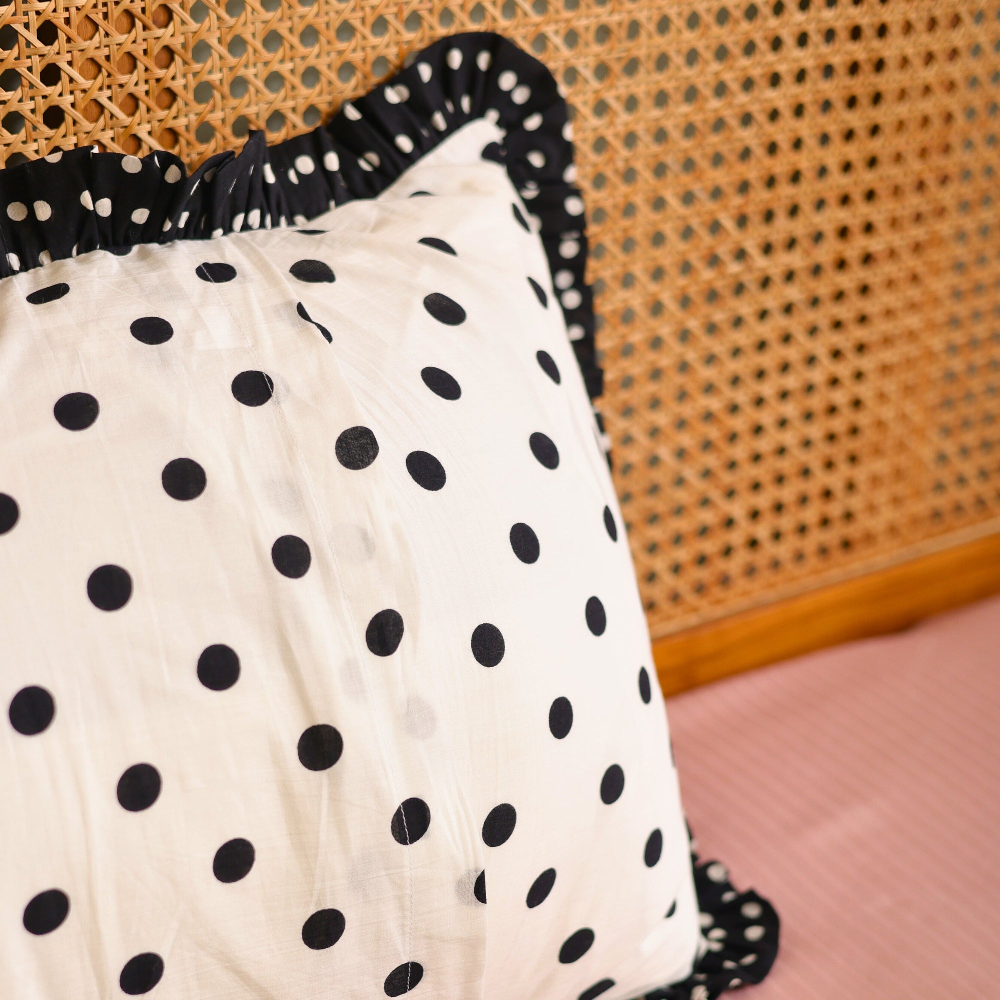 Black Retro Polka Dot Ruffled Pillow Covers