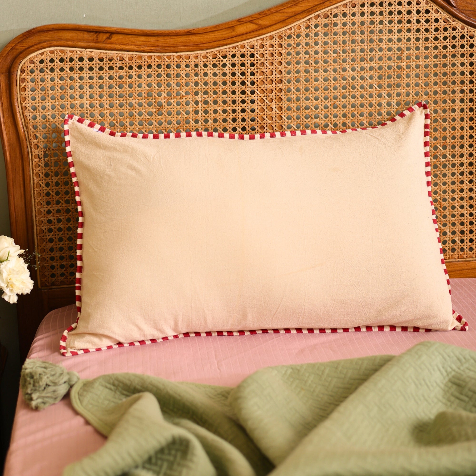 Handcrafted Beige Cotton Pillow Cover with Red Striped Detailing