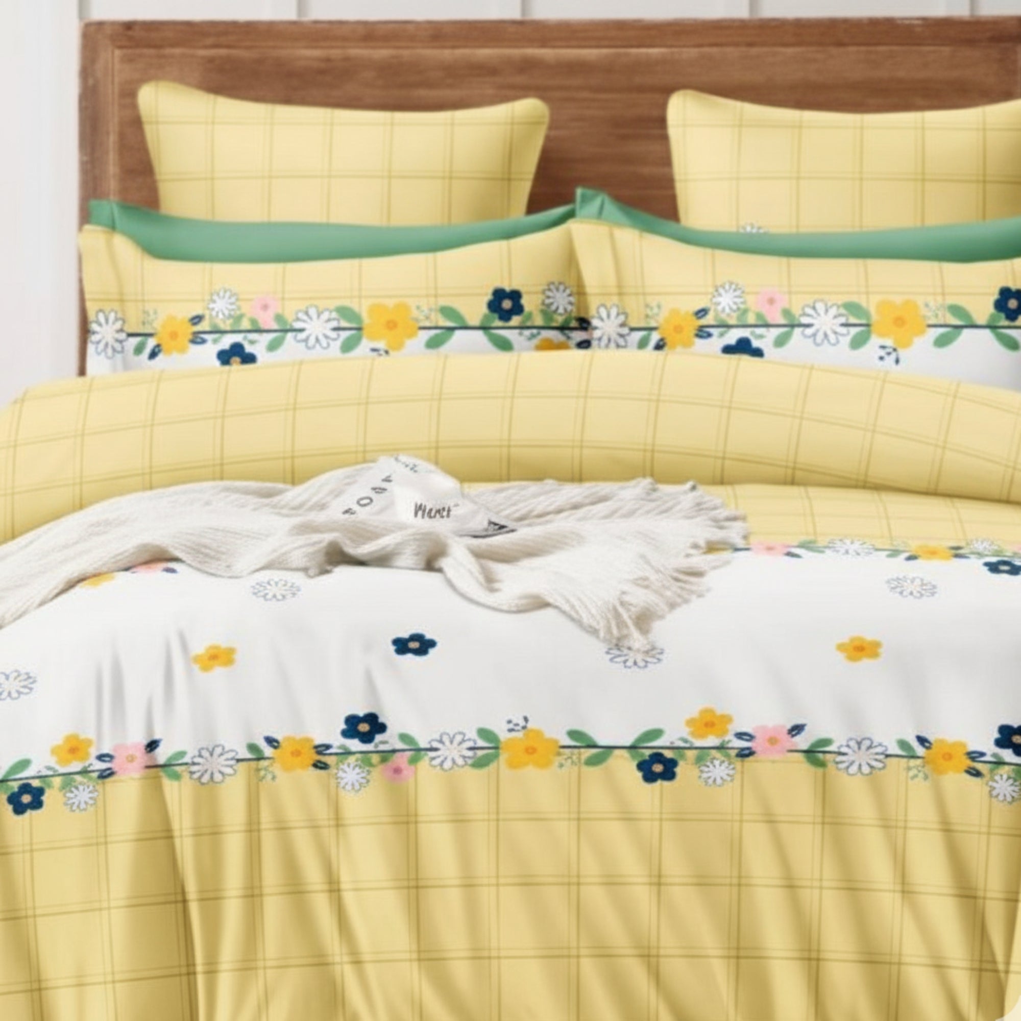 Bedsheet for Double Bed Yellow Checkered with Floral Border.