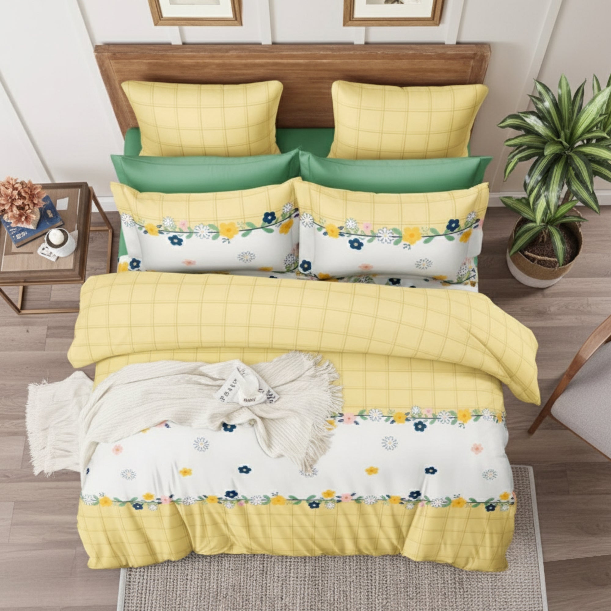 Bedsheet for Double Bed Yellow Checkered with Floral Border.