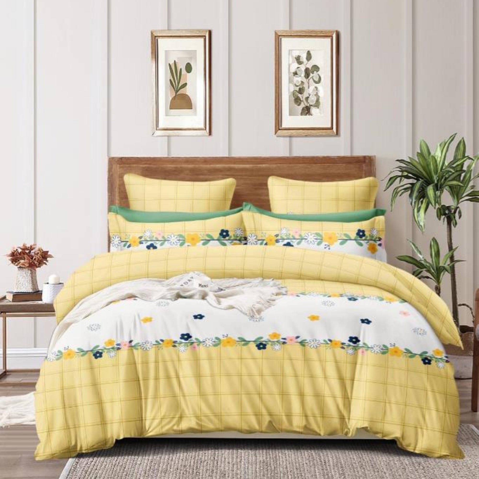 Bedsheet for Double Bed Yellow Checkered with Floral Border.