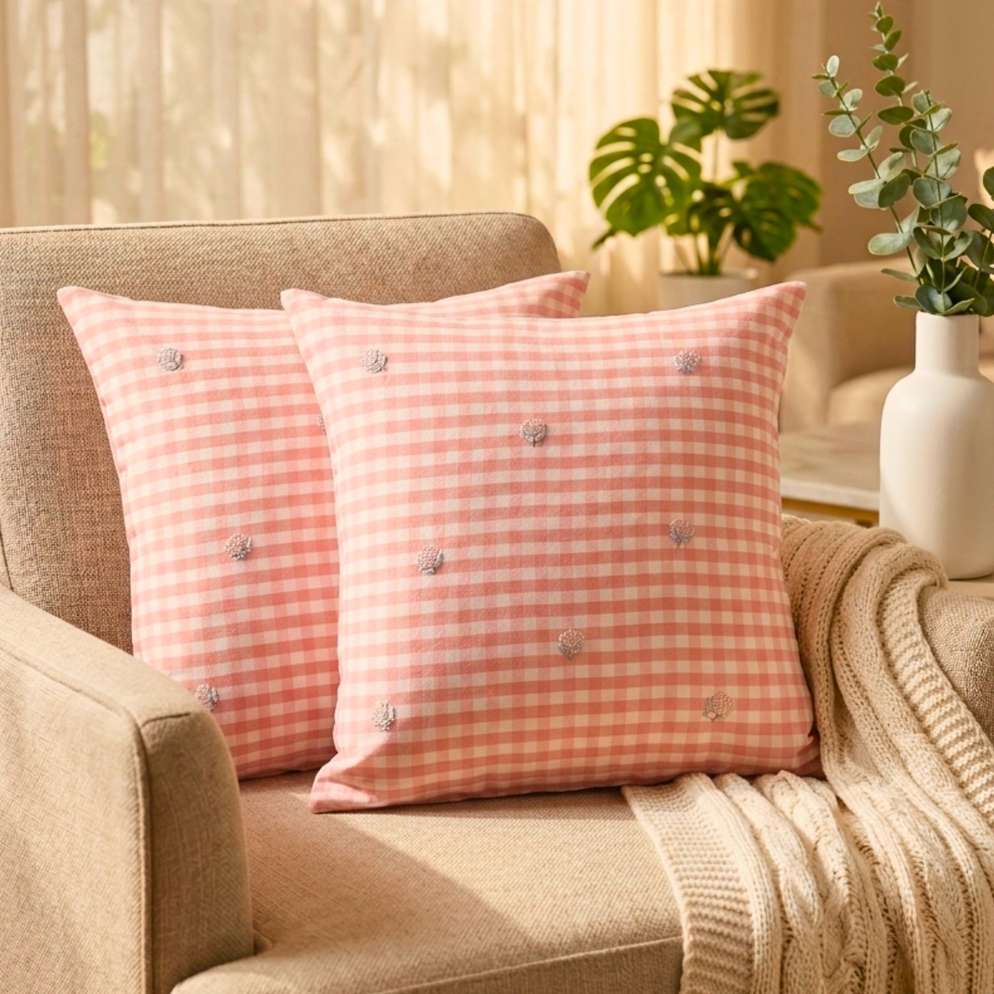 Soft Pastel Blush Ghingham Cushion Cover