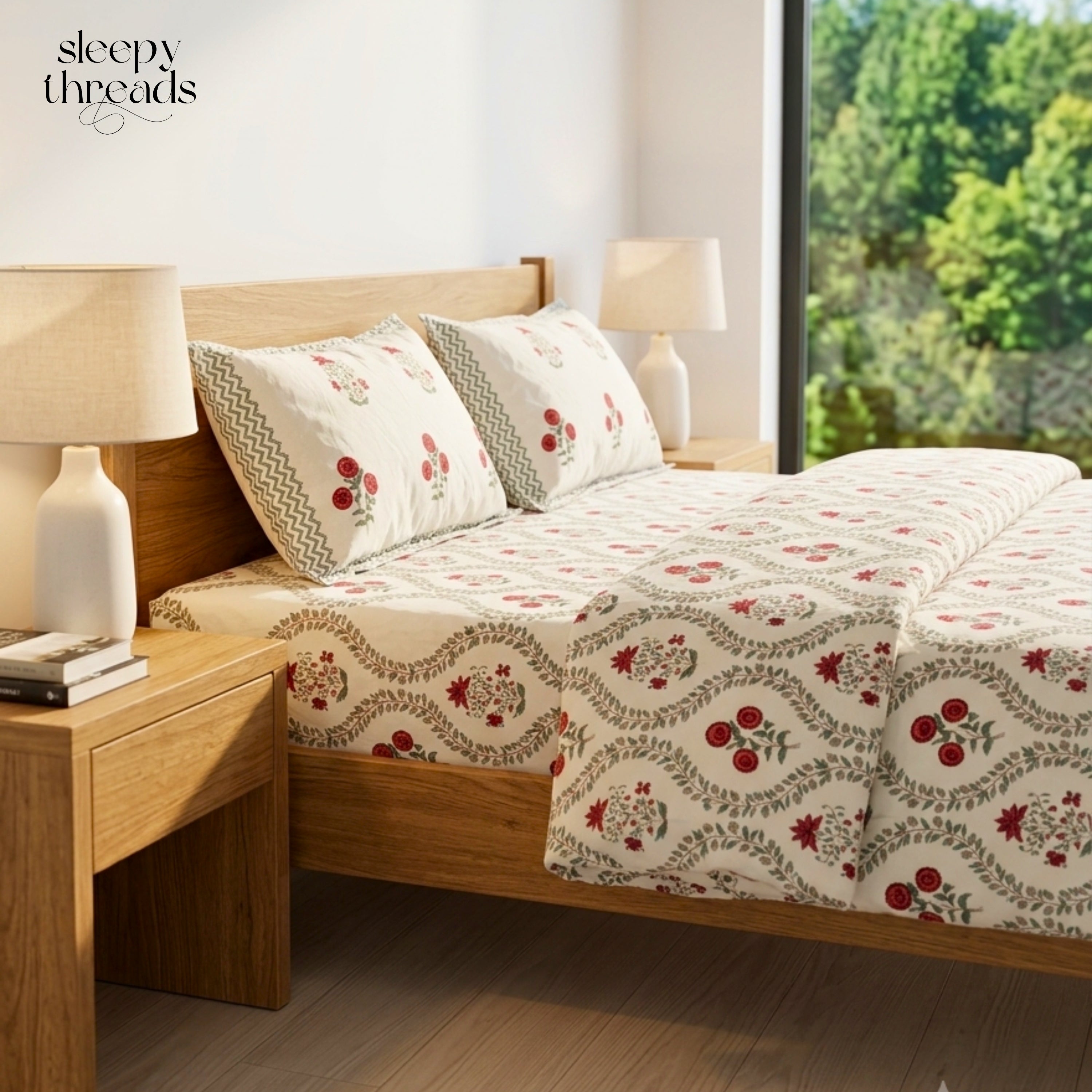 Elegant Floral Cotton Bedsheet Set with Red Blossom Print for Modern Bedroom King Size