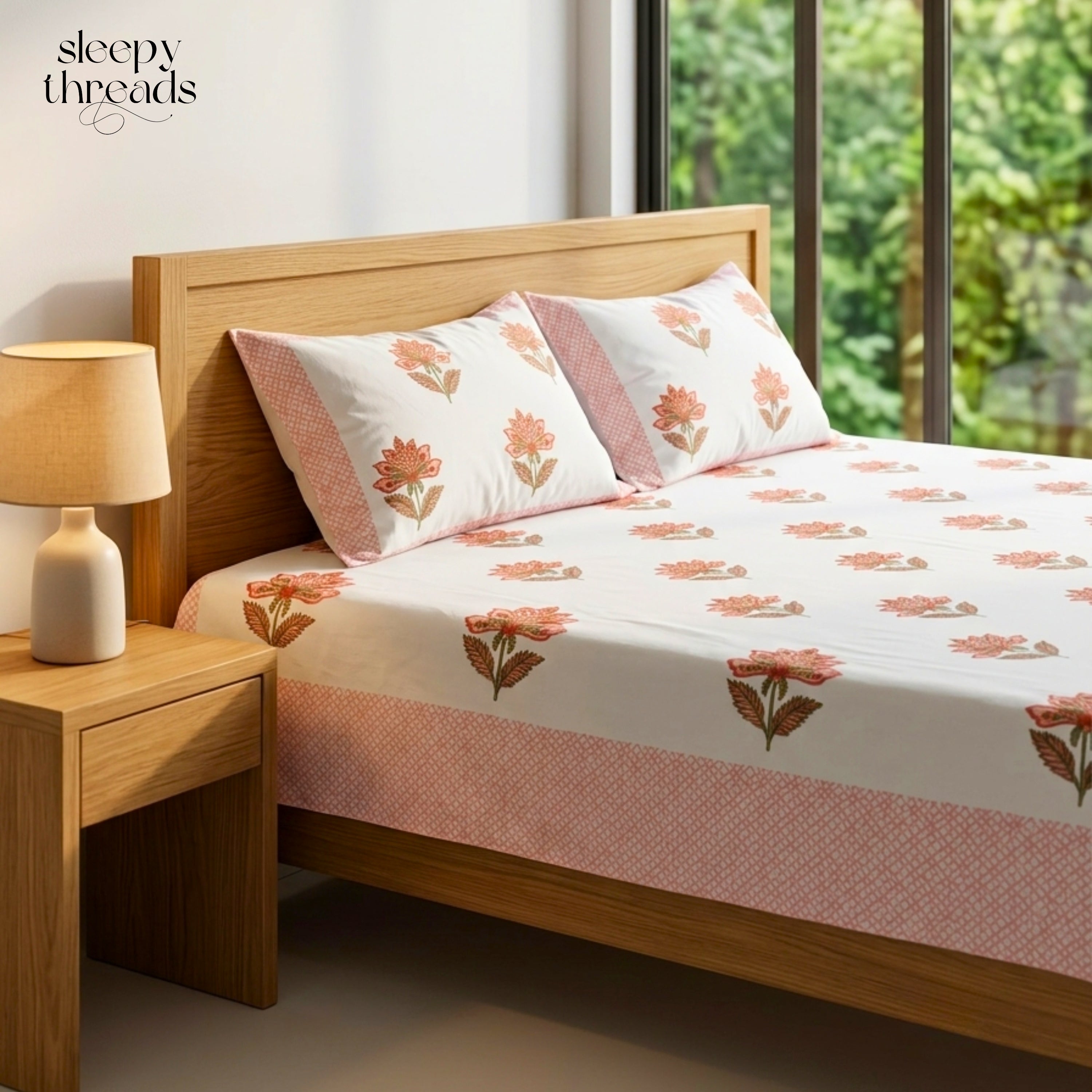 Elegant Peach Floral Printed Cotton Bedsheet Set with Matching Pillow Covers King Size