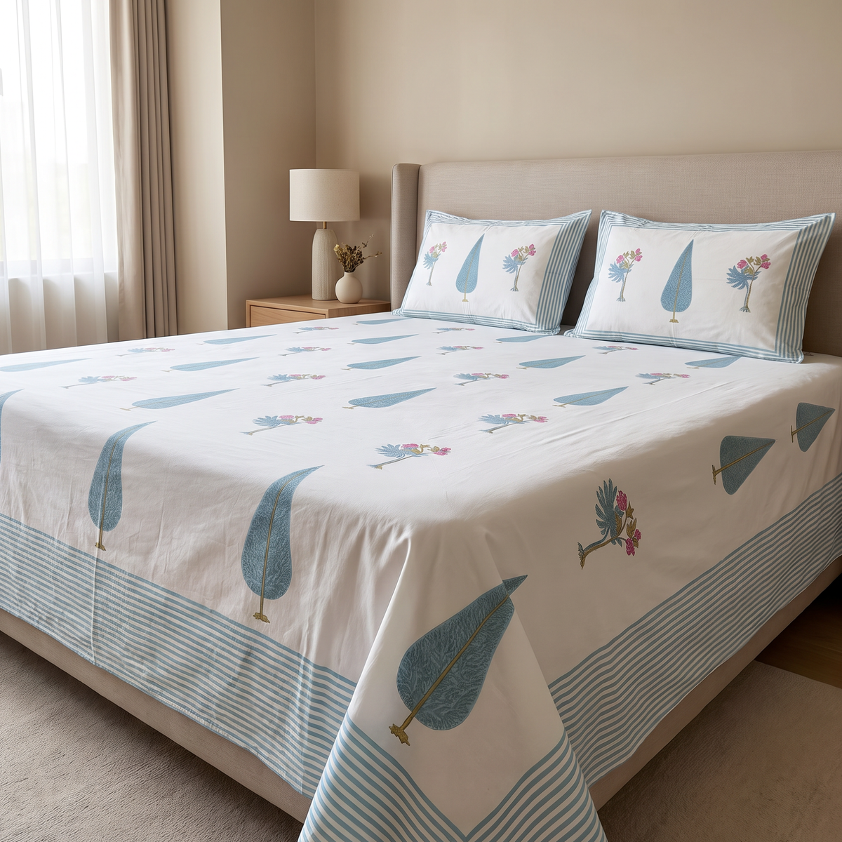 Elegant Blue Floral Printed Cotton Bedsheet Set with Matching Pillow Covers King Size