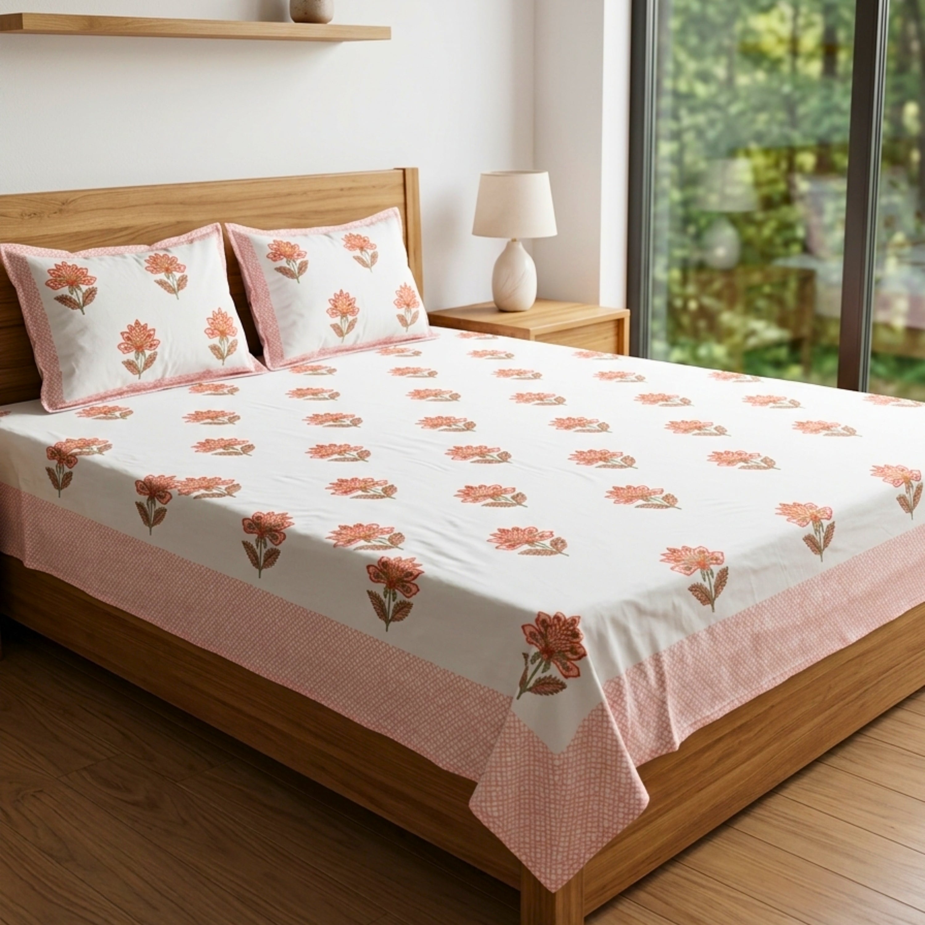 Elegant Peach Floral Printed Cotton Bedsheet Set with Matching Pillow Covers King Size