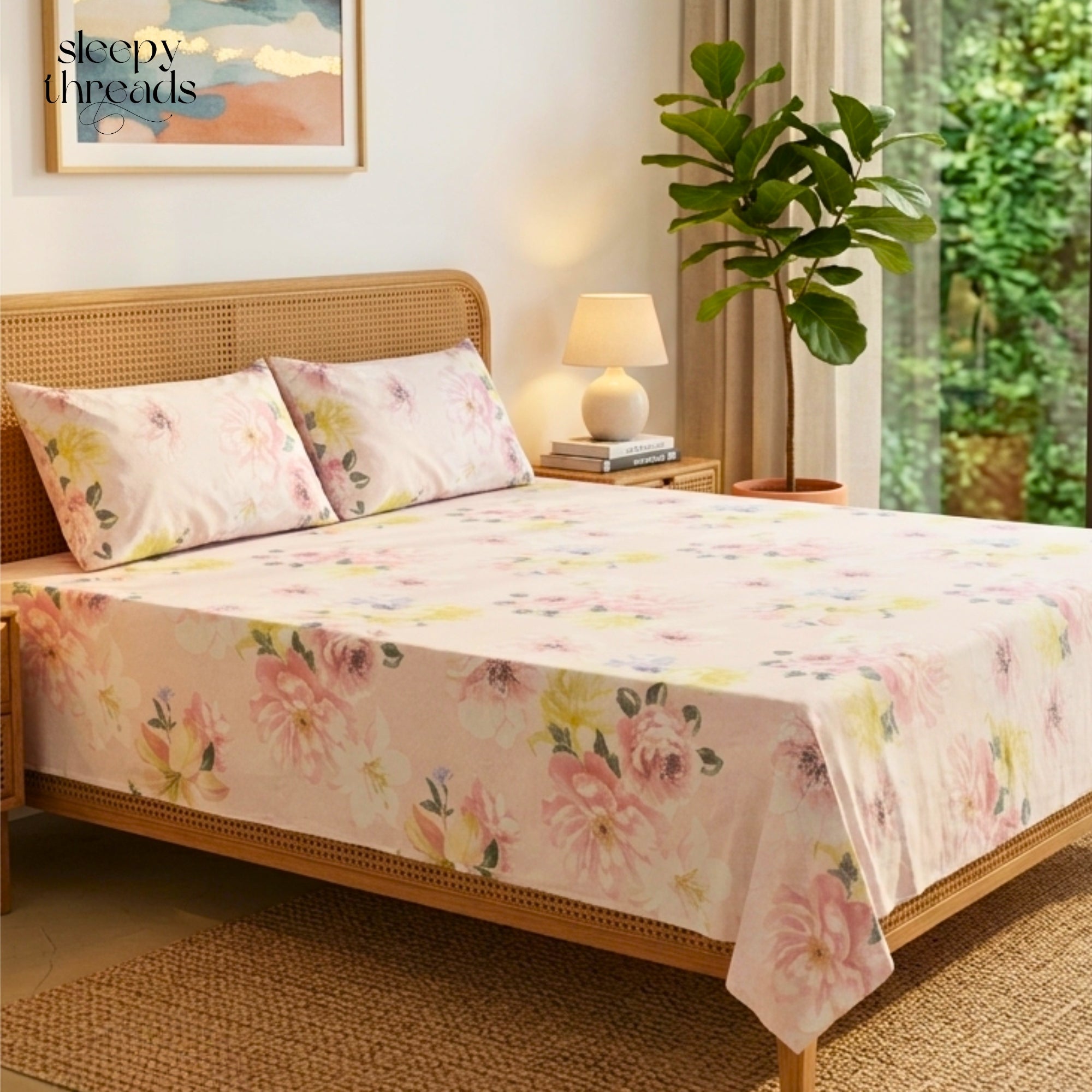 Bedsheet Soft Cotton Double Bed Sheet, Light Cream with Pastel Floral Print, Includes 2 Pillow Covers, Breathable & Durable Bedding King Size