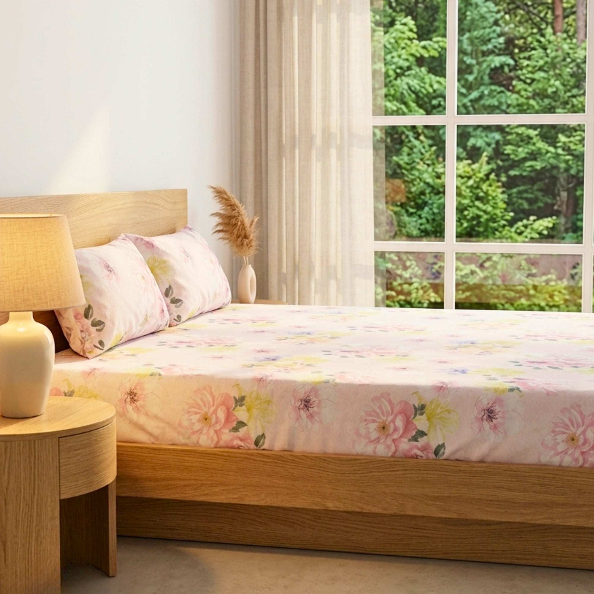 Bedsheet Soft Cotton Double Bed Sheet, Light Cream with Pastel Floral Print, Includes 2 Pillow Covers, Breathable & Durable Bedding King Size