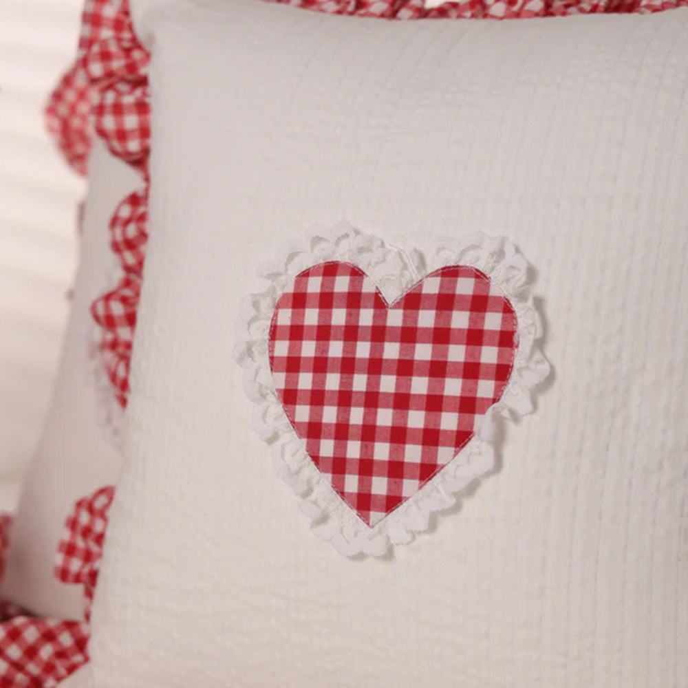 Red Gingham Heart Ruffle Cushion
