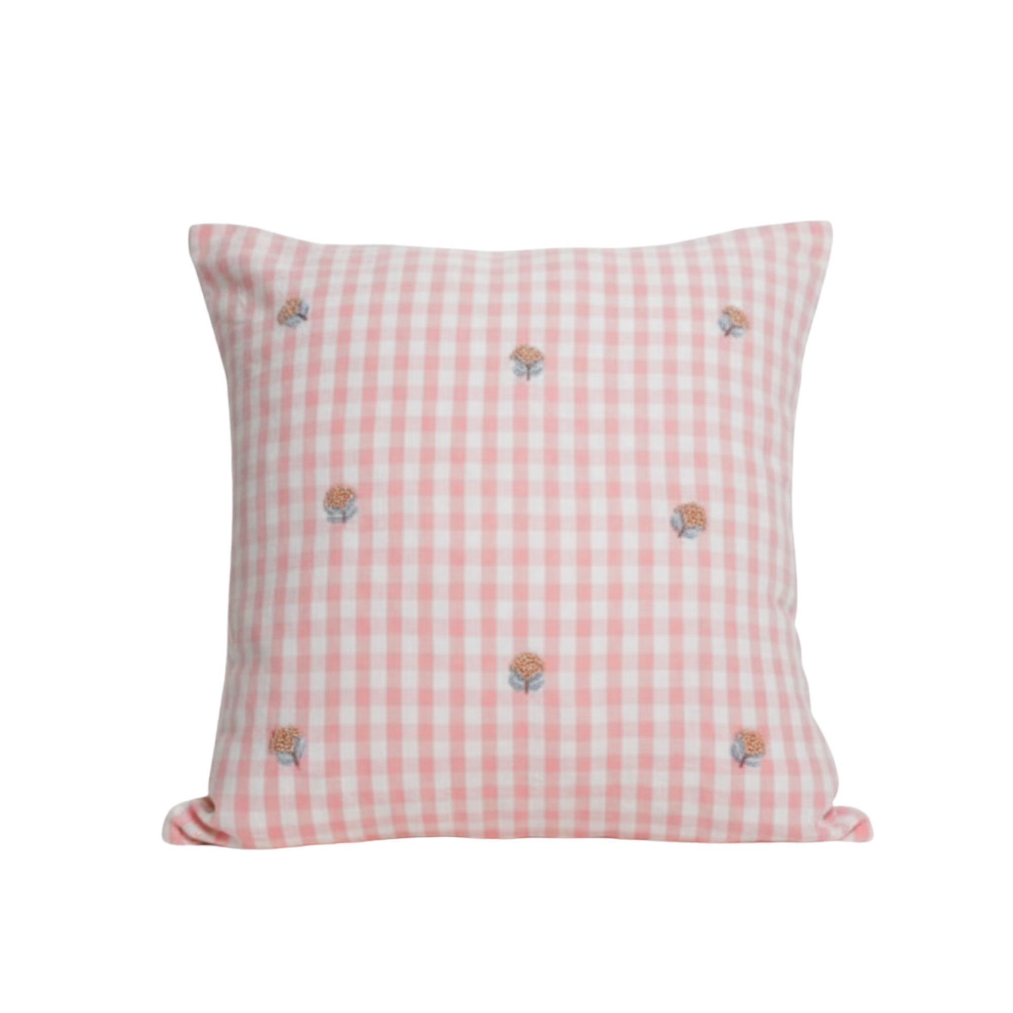Blush Gingham Floral Embroidered Cushion