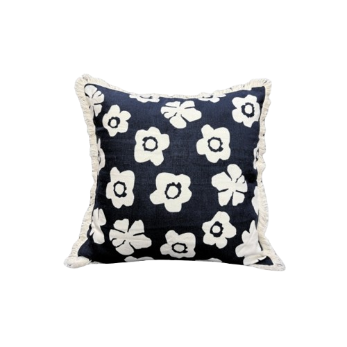 Linen Floral Fringe Cushion Cover