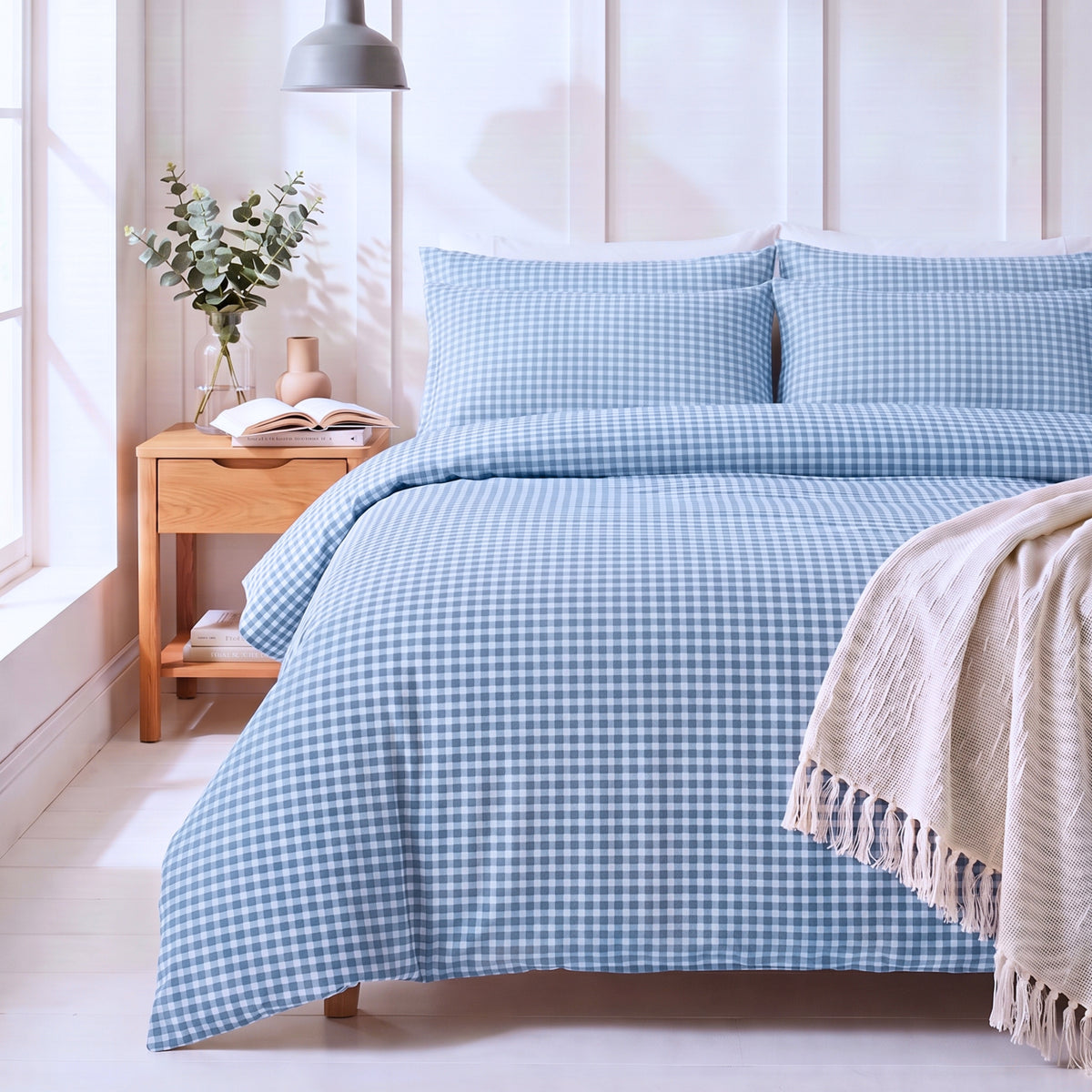 Blue Gingham Bloom 280 TC 100% Cotton Bedsheet With Duvet and 4 Pillow Covers