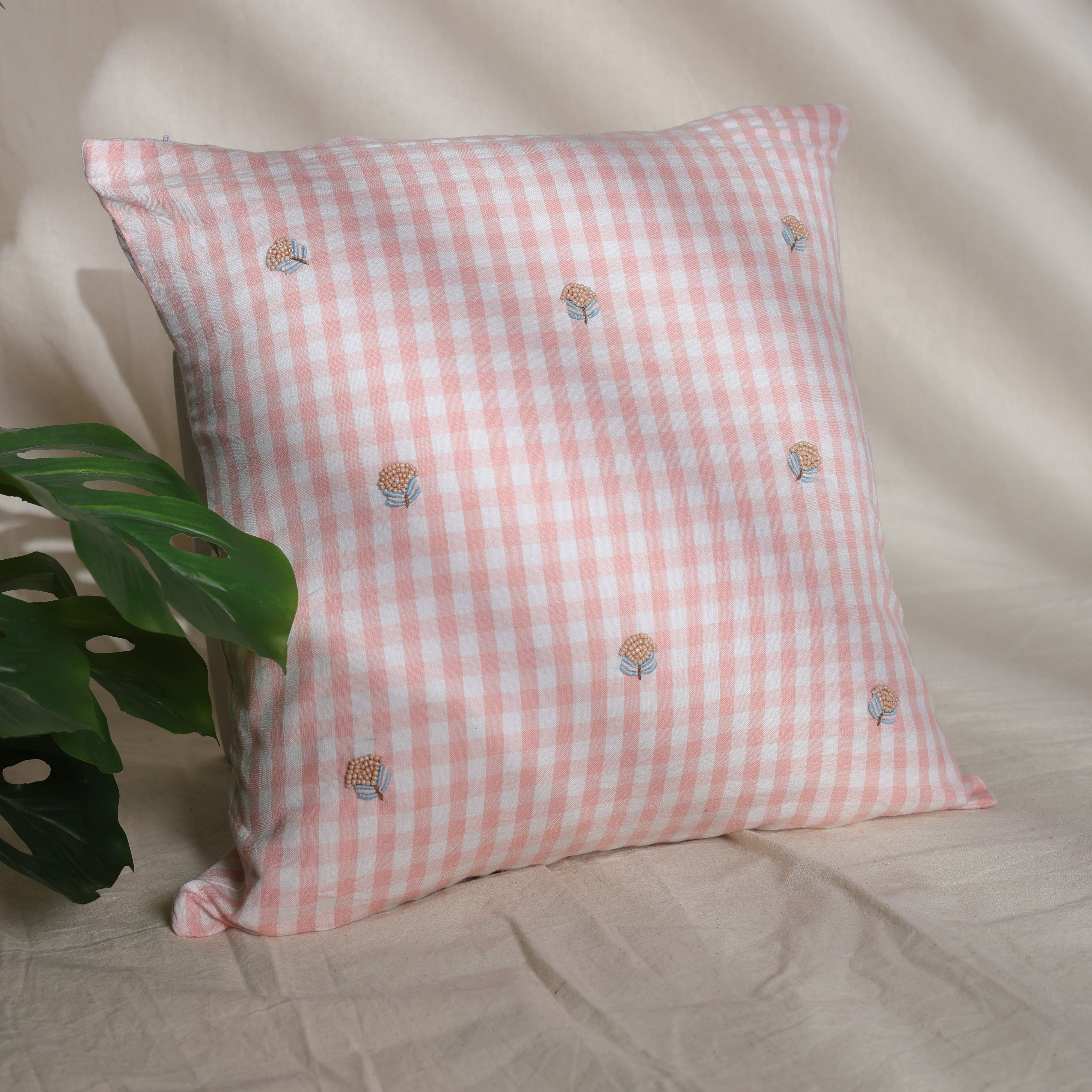 Blush Gingham Floral Embroidered Cushion